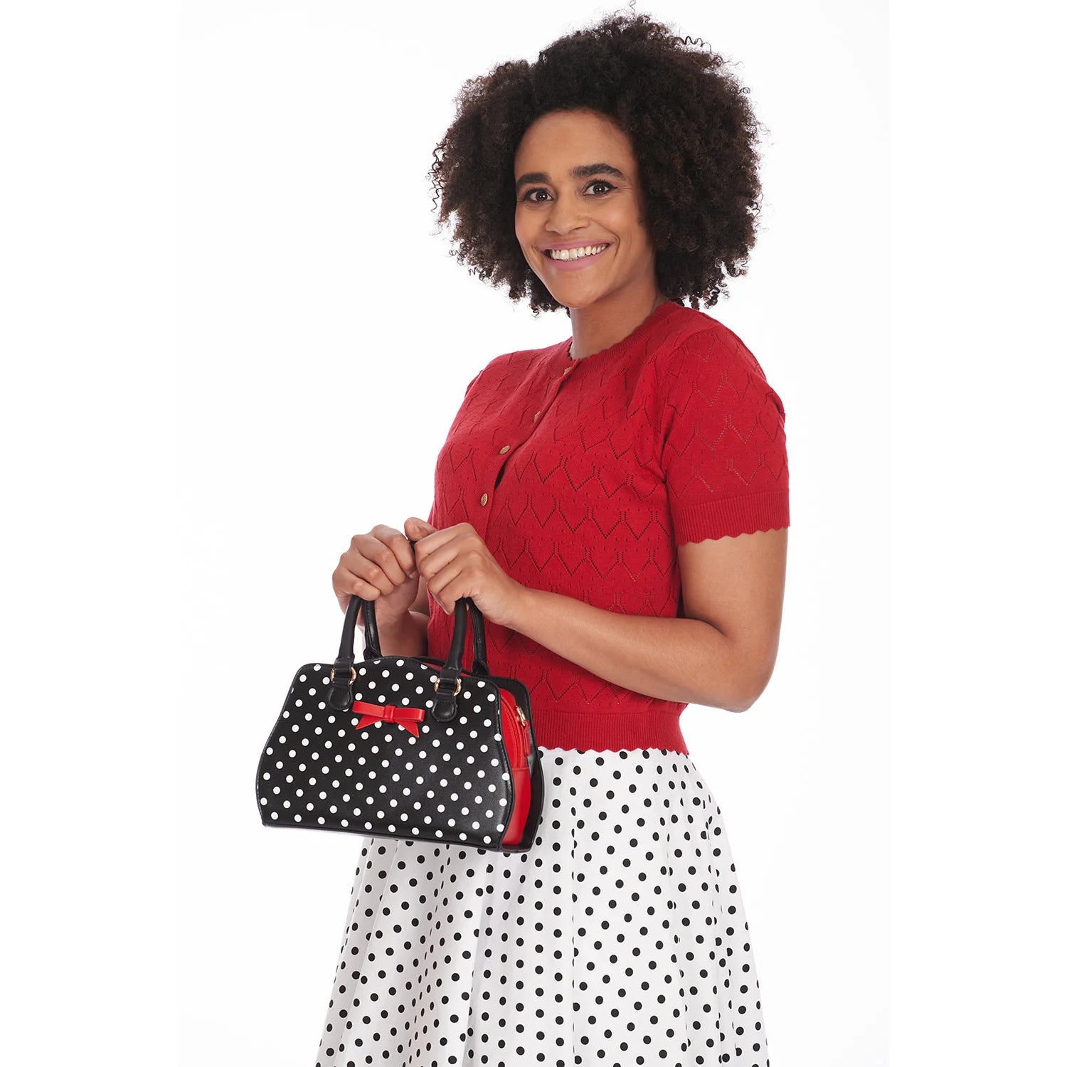 Black And White Polka Dot Handbag with Red Bow detail