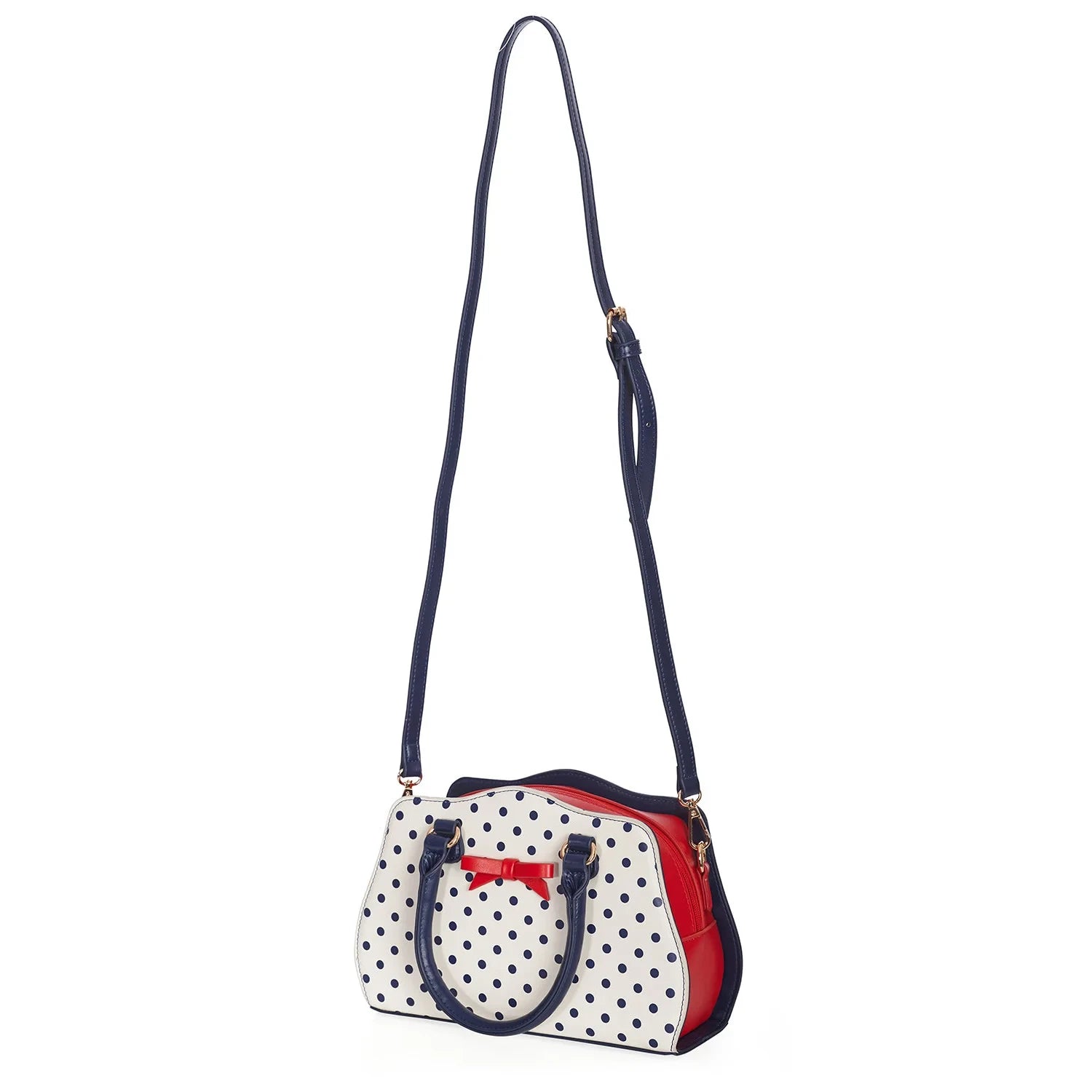 White and Navy Polka Dot Handbag with Red Bow detail