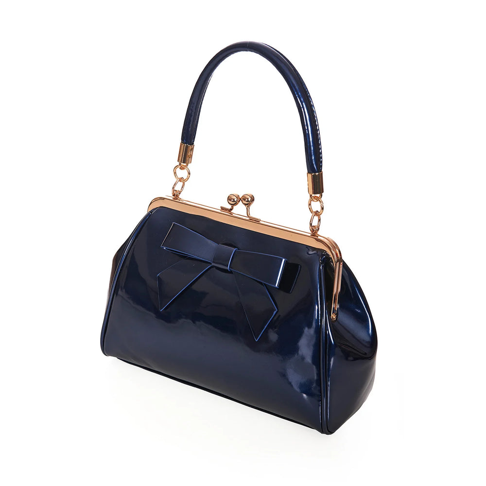 Navy Blue Retro Patent Bow Handbag