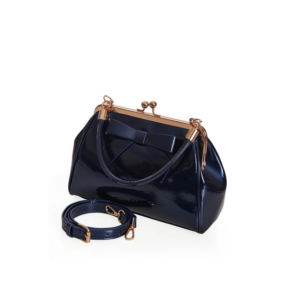 Navy Blue Retro Patent Bow Handbag