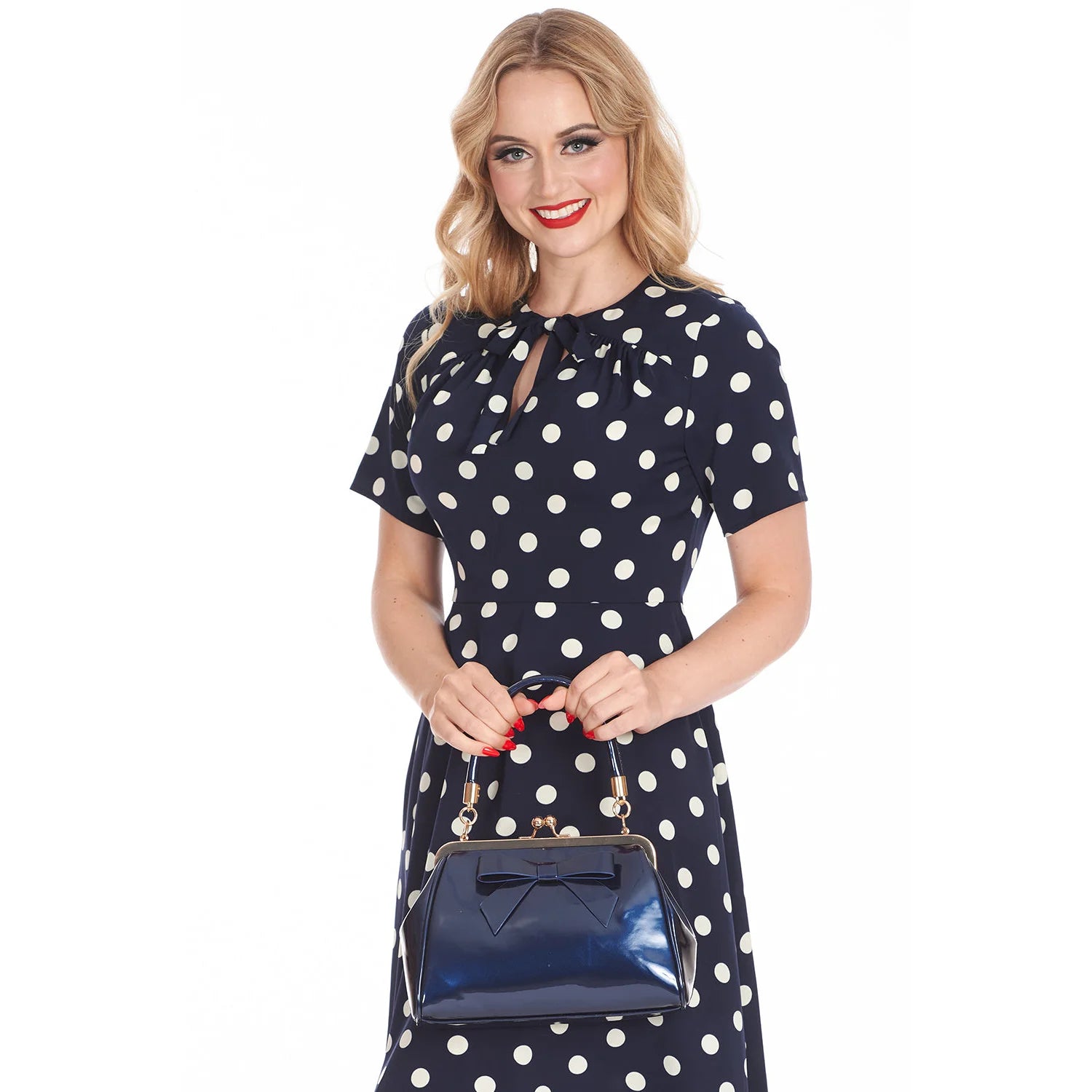 Navy Blue Retro Patent Bow Handbag