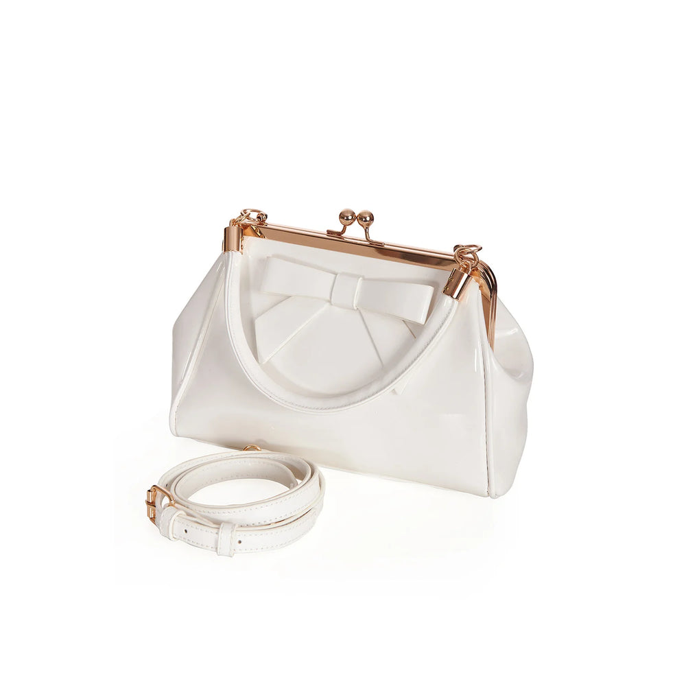 White Retro Bow Patent Handbag