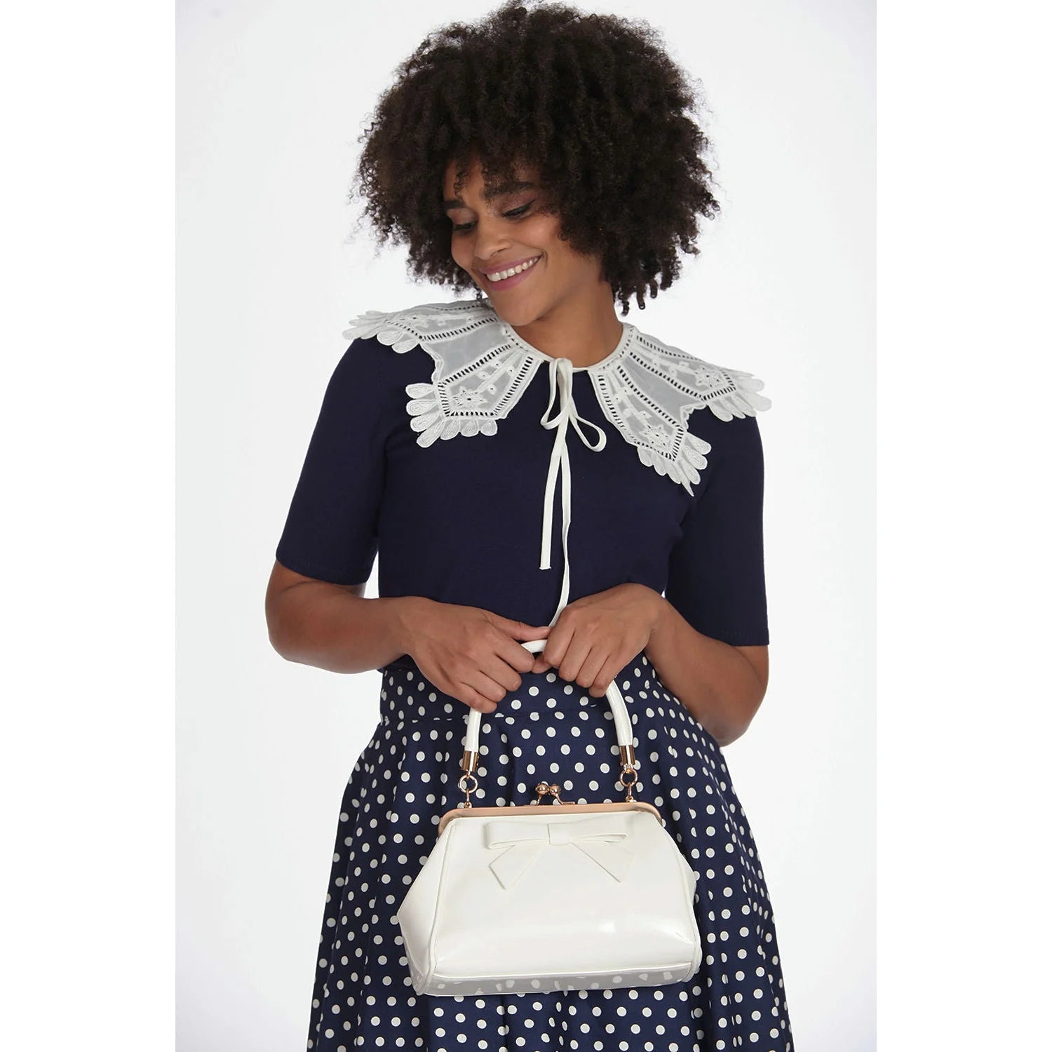 White Retro Bow Patent Handbag