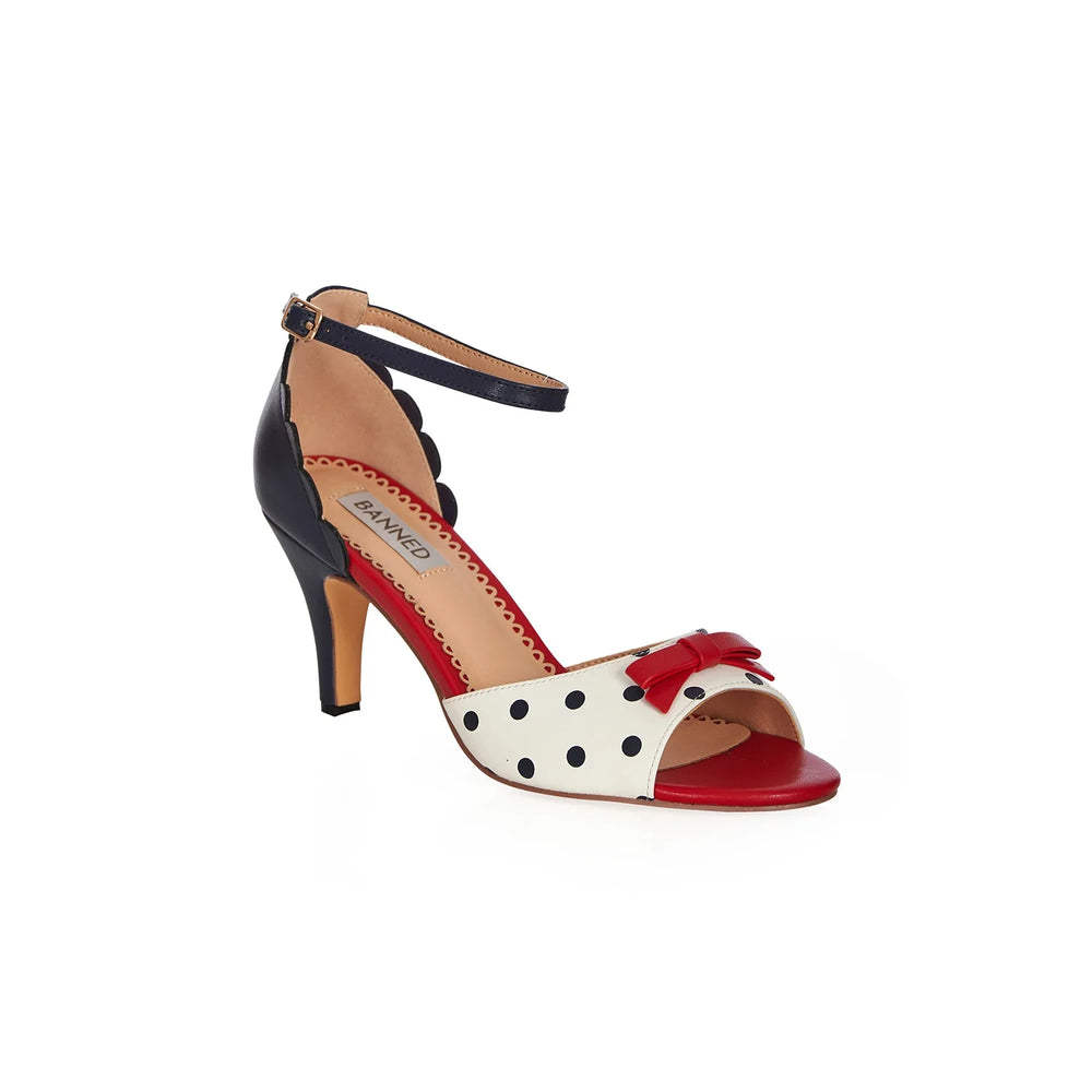 White with Navy Polka Dots Open Toe Sandals with Red Bow Detail