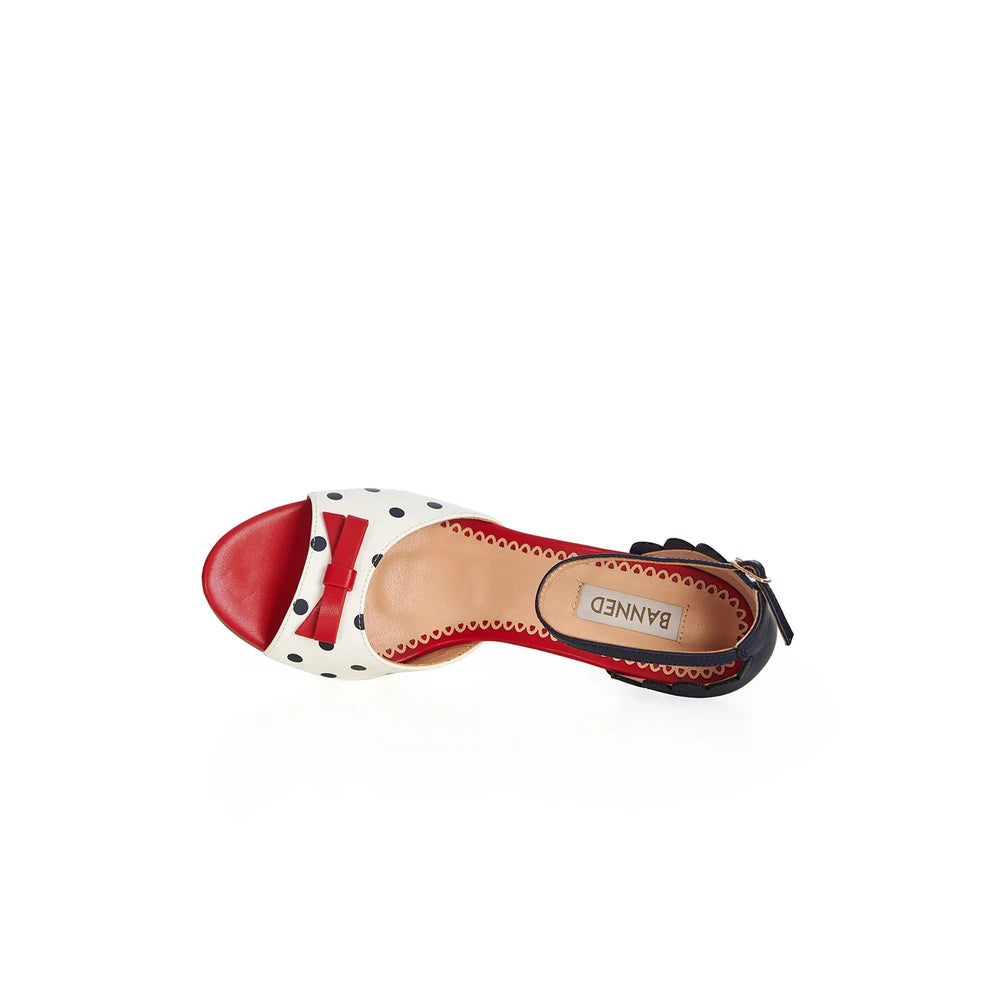 White with Navy Polka Dots Open Toe Sandals with Red Bow Detail