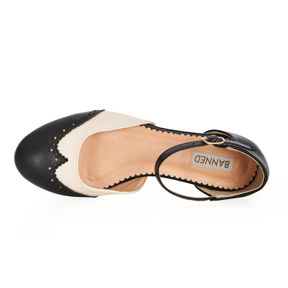 Two Tone Black Natural Brogue Closed Toe Flat Sandal