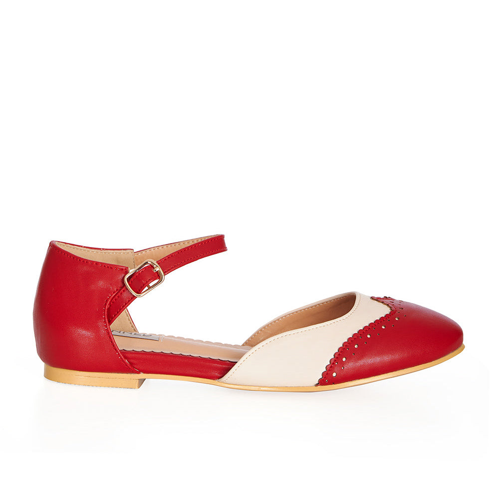 Two Tone Red Natural Brogue Closed Toe Flat Sandal