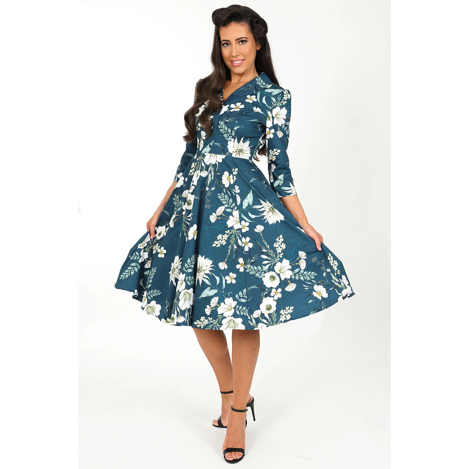 Blue Floral Print 3/4 Sleeve Collared 50s Swing Tea Dress With Pockets