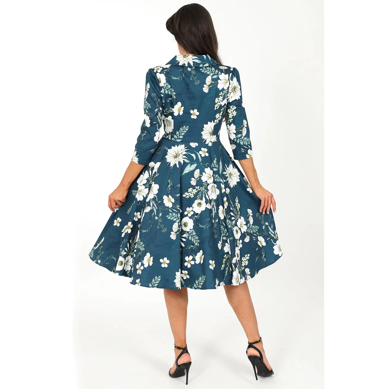 Blue Floral Print 3/4 Sleeve Collared 50s Swing Tea Dress With Pockets