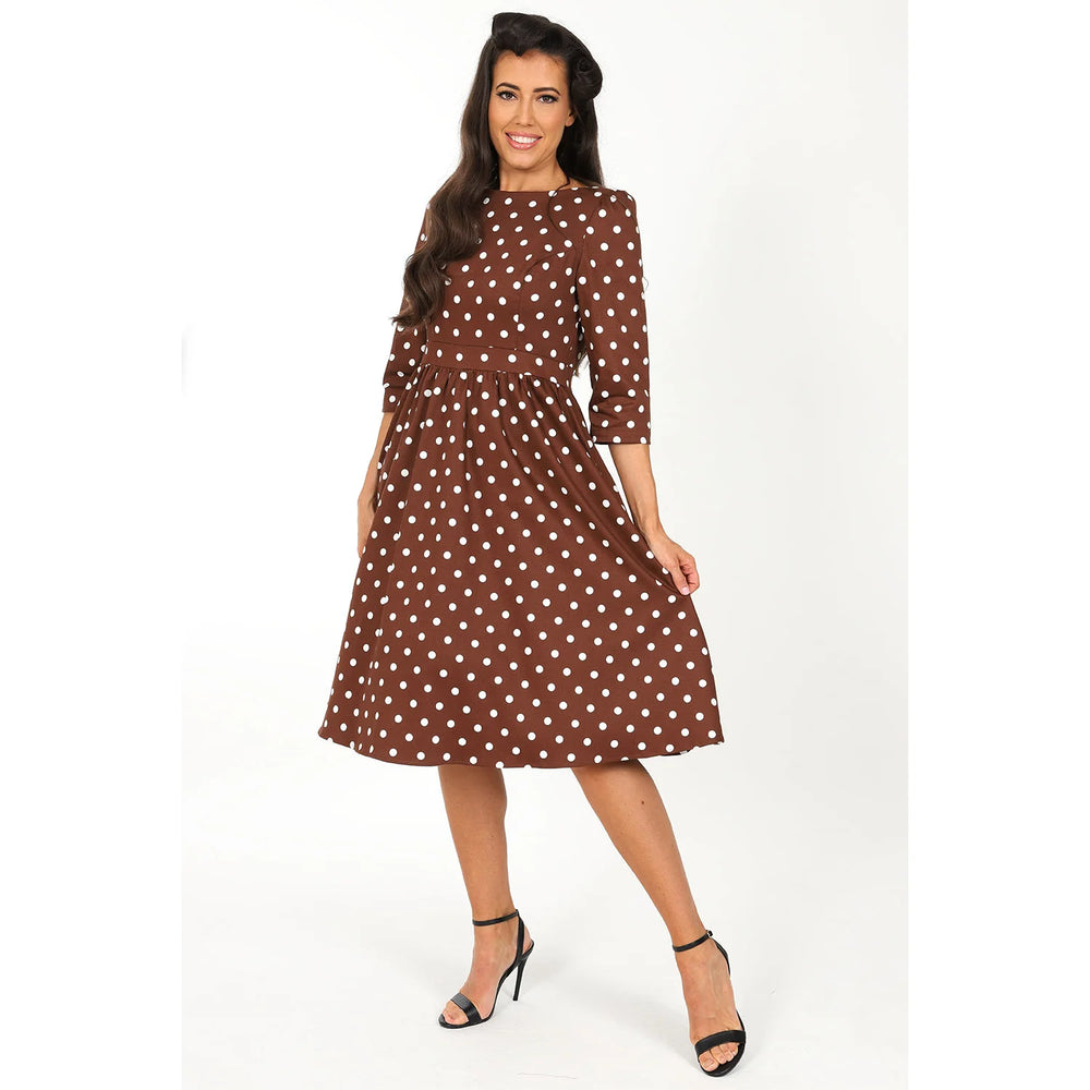 Brown And Cream Polka Dot Vintage 50s 3/4 Sleeve Swing Tea Dress