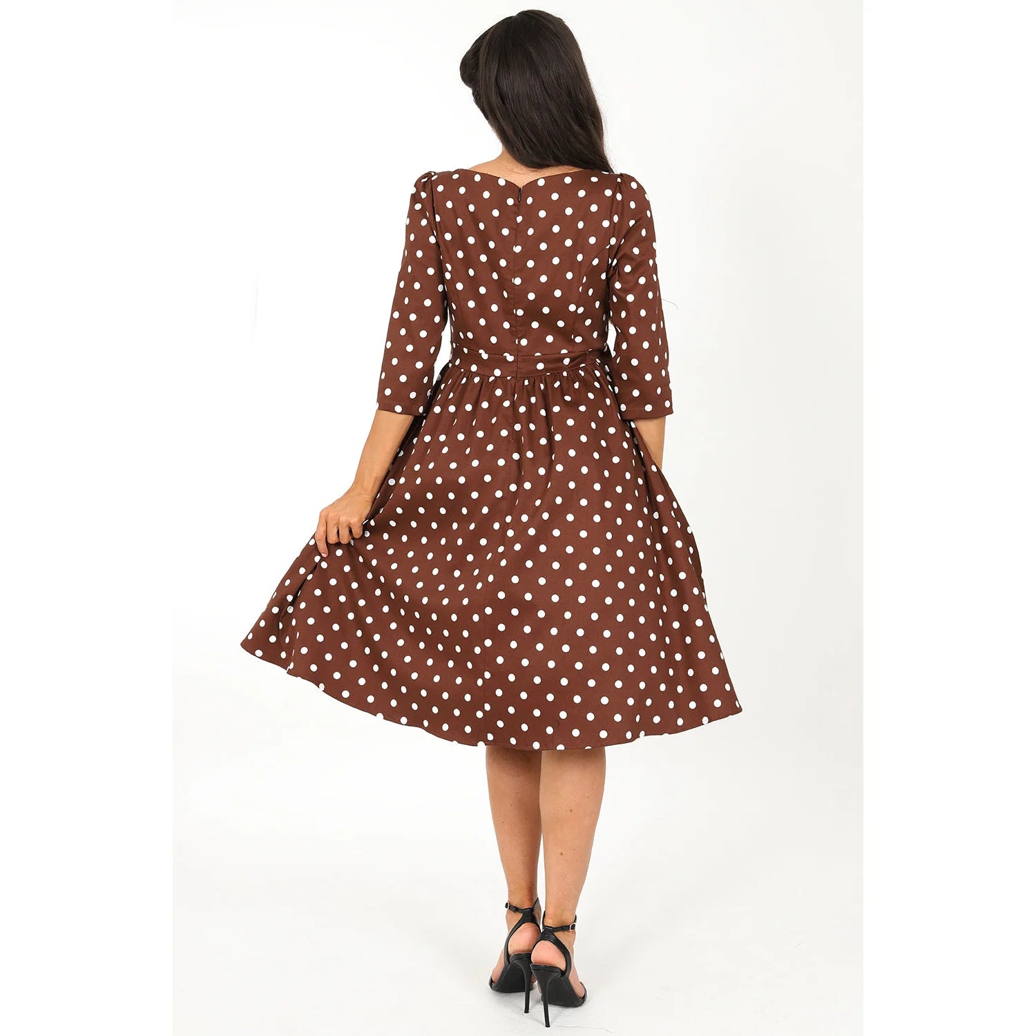 Brown And Cream Polka Dot Vintage 50s 3/4 Sleeve Swing Tea Dress