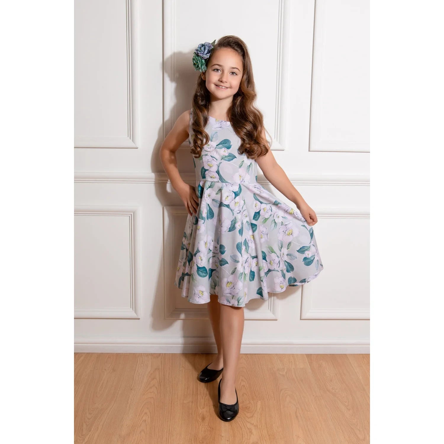 Little Kitty Girl's Pastel Purple Floral Print Party Dress