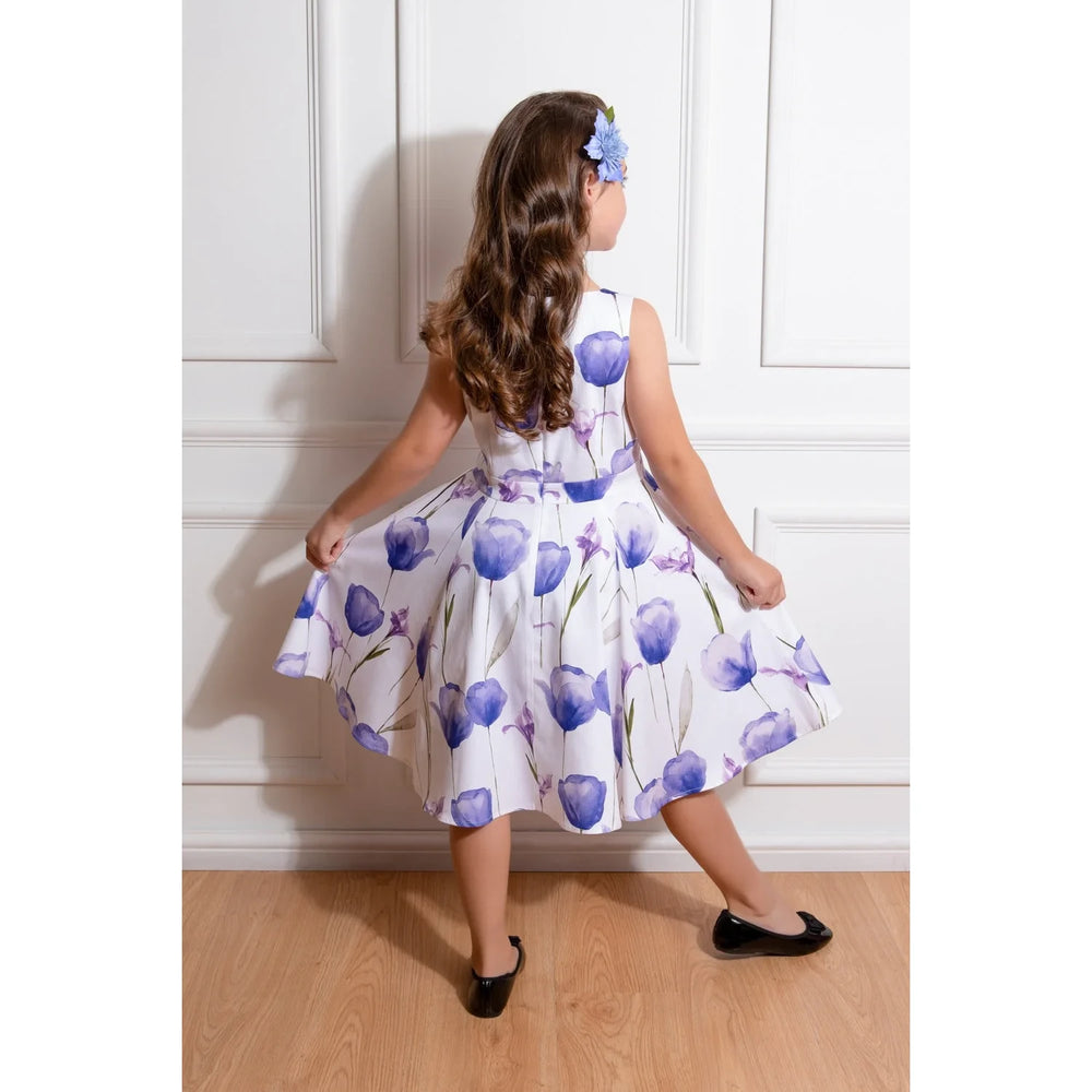 Little Kitty Girls' Blue Tulips Swing Dress