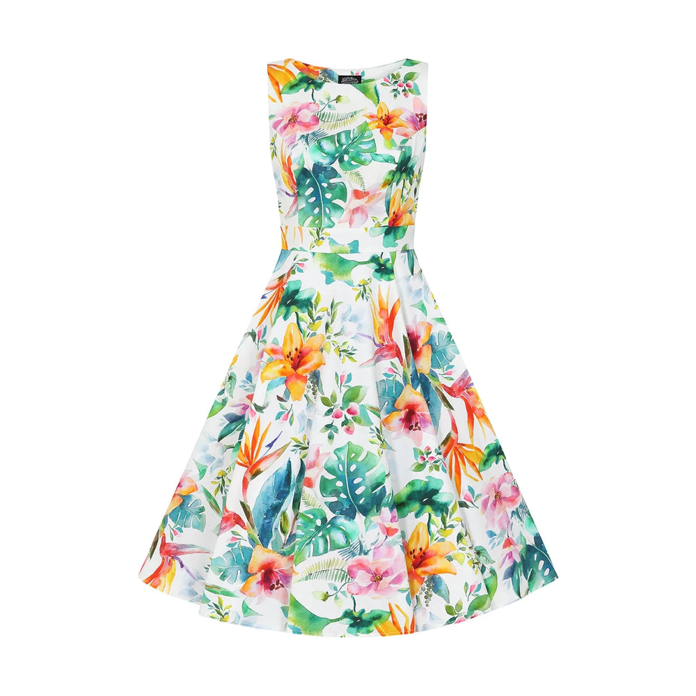 Tropical Print White Floral Summer Swing Party Dress