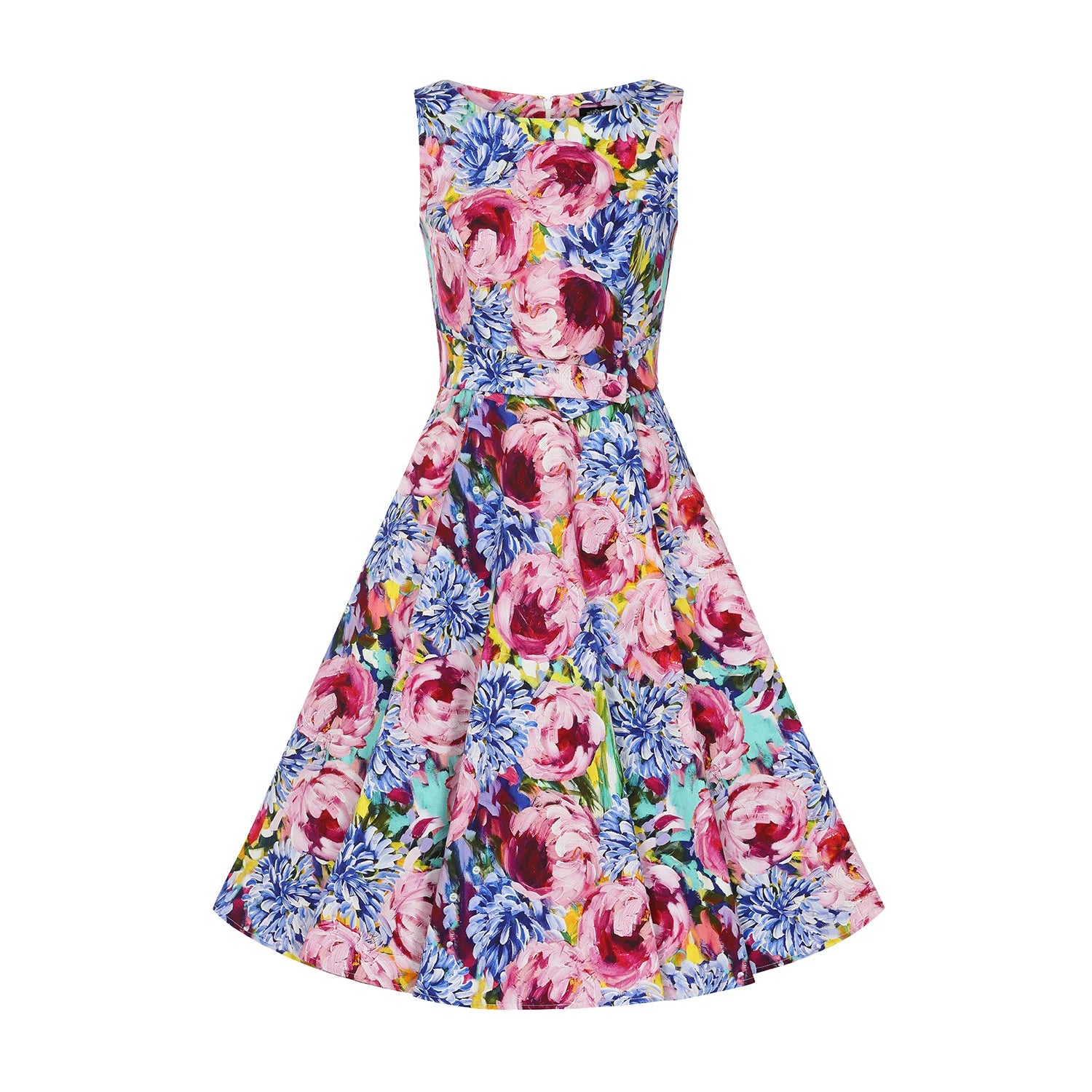 Blue And Pink Multi Floral Print Audrey Rockabilly 50s Swing Dress