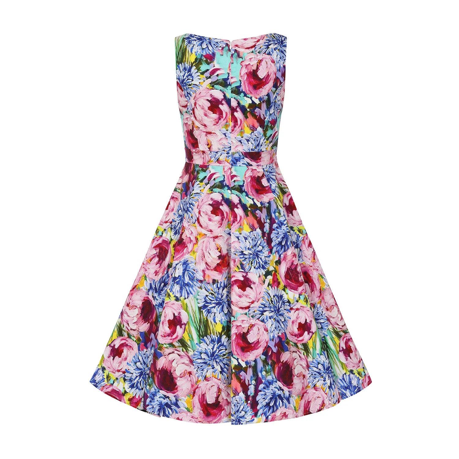 Blue And Pink Multi Floral Print Audrey Rockabilly 50s Swing Dress