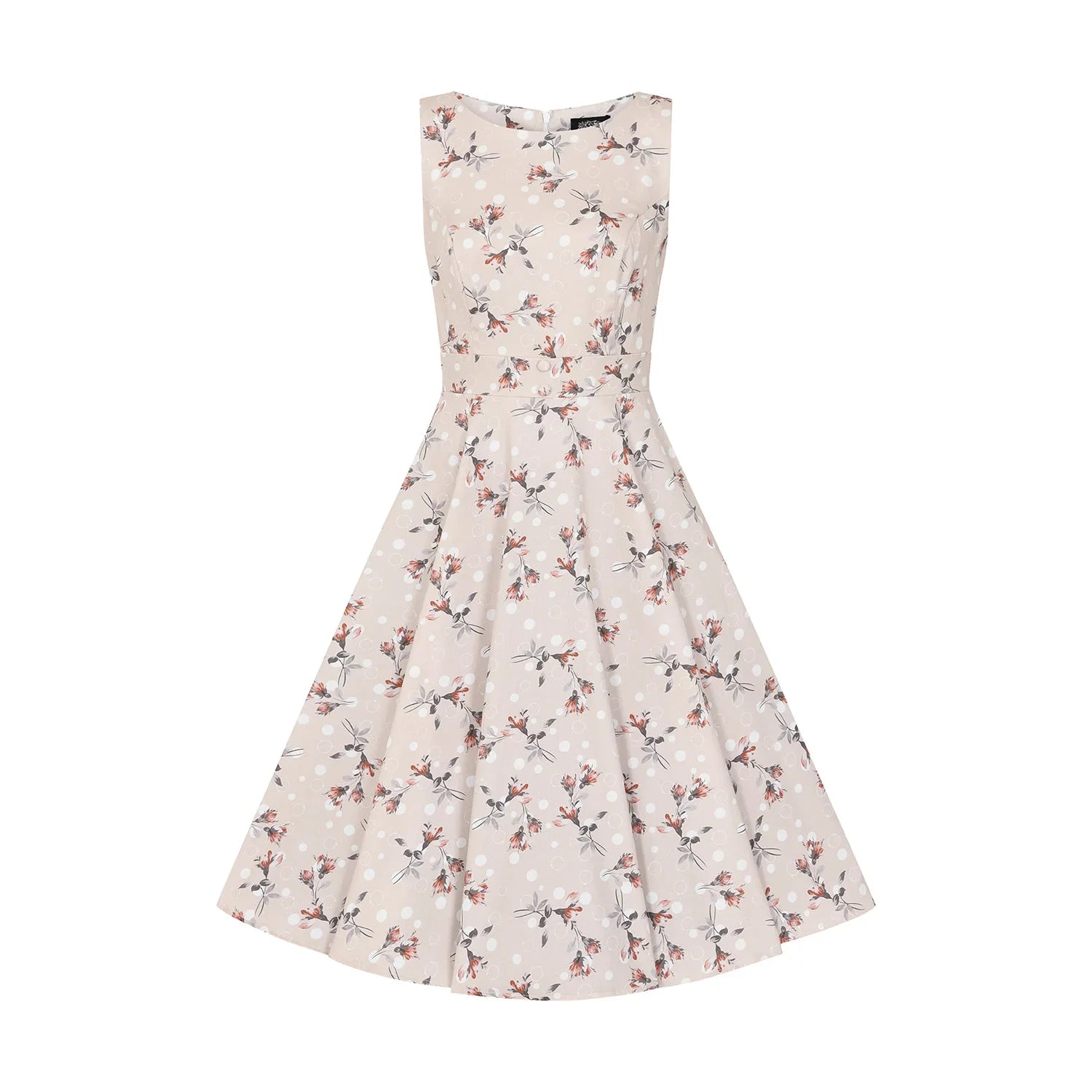 Pale Pink Polka Dot and Floral Sleeveless Swing Tea Dress