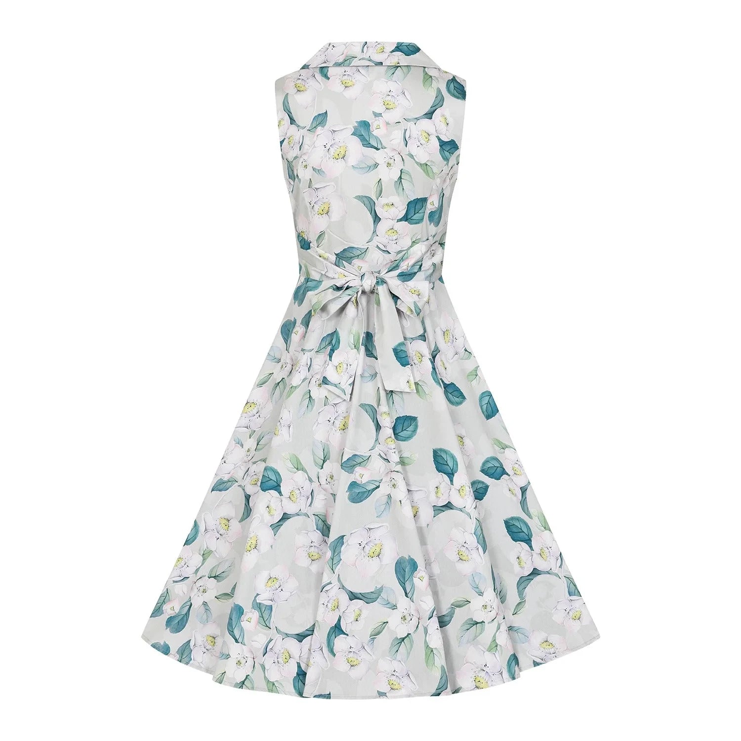 Pale Mint Green & White Floral Collared Sleeveless 50s Swing Tea Dress