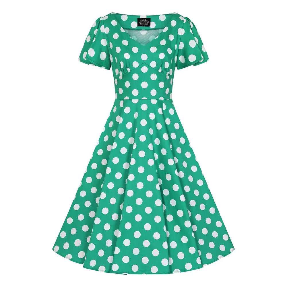 Green & White Polka Dot Short Sleeve 50s Swing Tea Dress