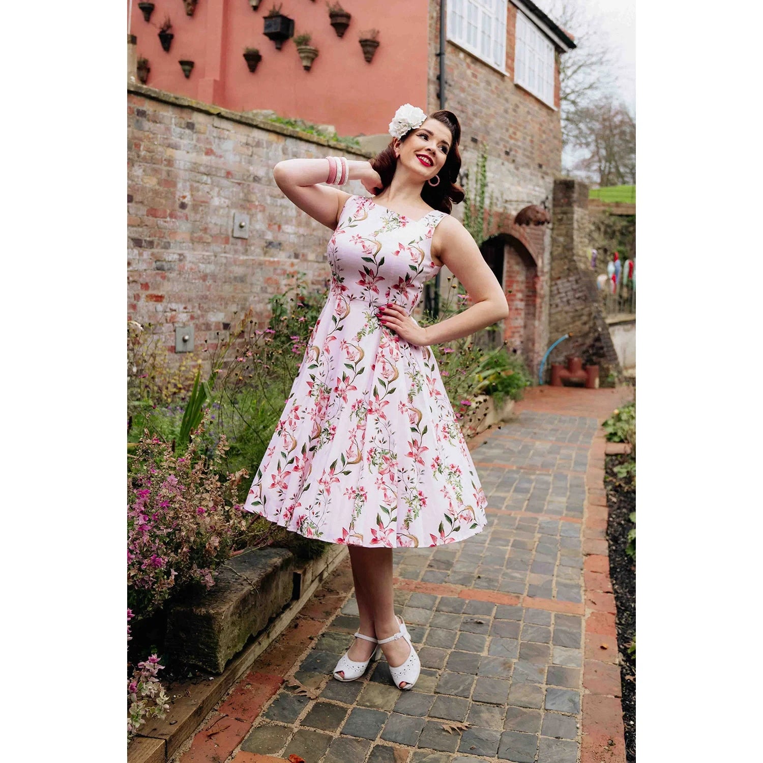 Soft Pink Floral Summer Party Swing Tea Dress
