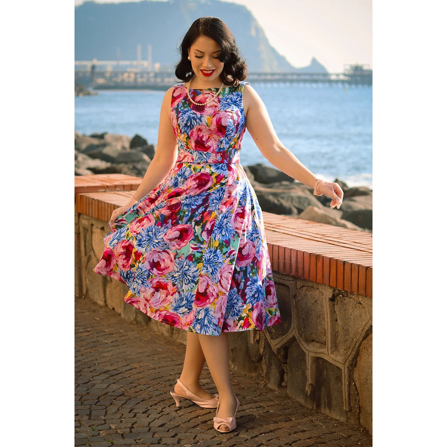 Blue And Pink Multi Floral Print Audrey Rockabilly 50s Swing Dress