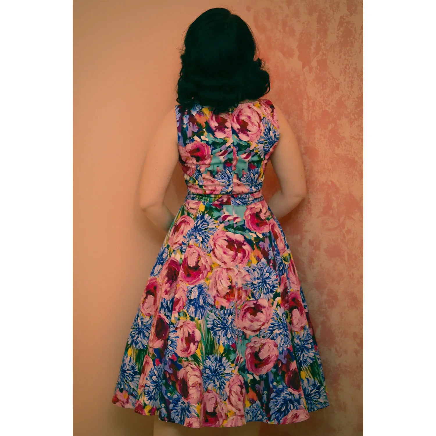 Blue And Pink Multi Floral Print Audrey Rockabilly 50s Swing Dress