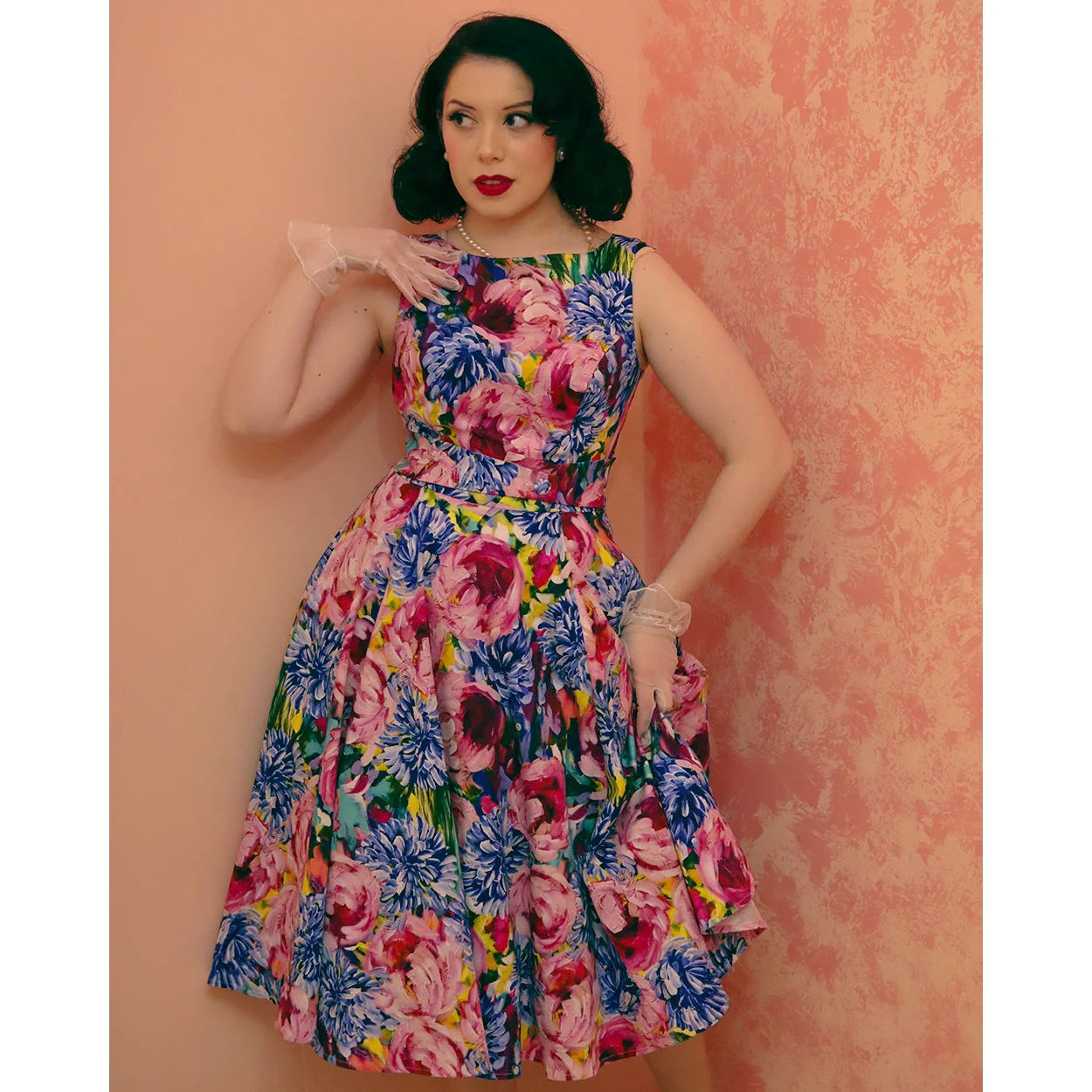 Blue And Pink Multi Floral Print Audrey Rockabilly 50s Swing Dress