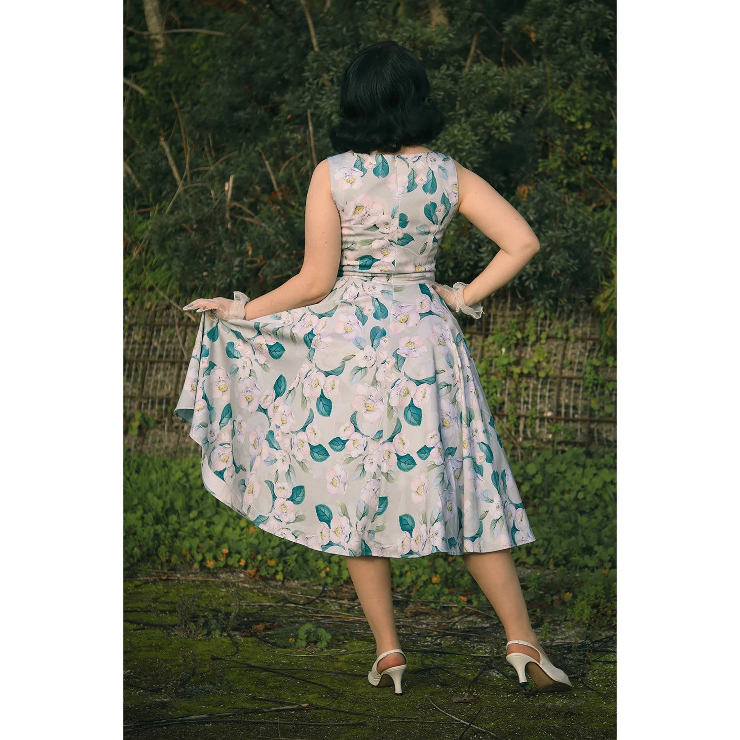 Soft Green & Teal Floral Assymetric Neck Rockabilly 50s Swing Dress