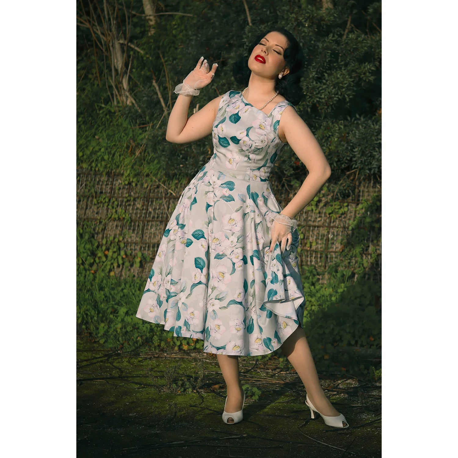 Soft Green & Teal Floral Assymetric Neck Rockabilly 50s Swing Dress