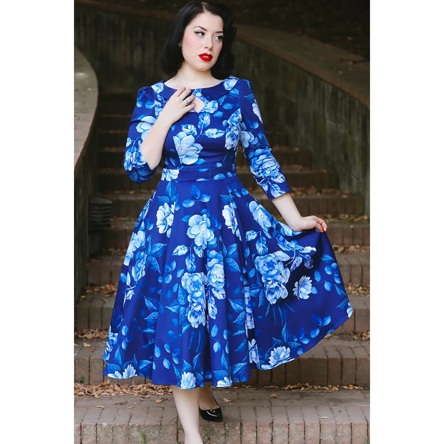 Blue Floral Print 3/4 Sleeve Boat Neck 50s Swing Dress With Pockets