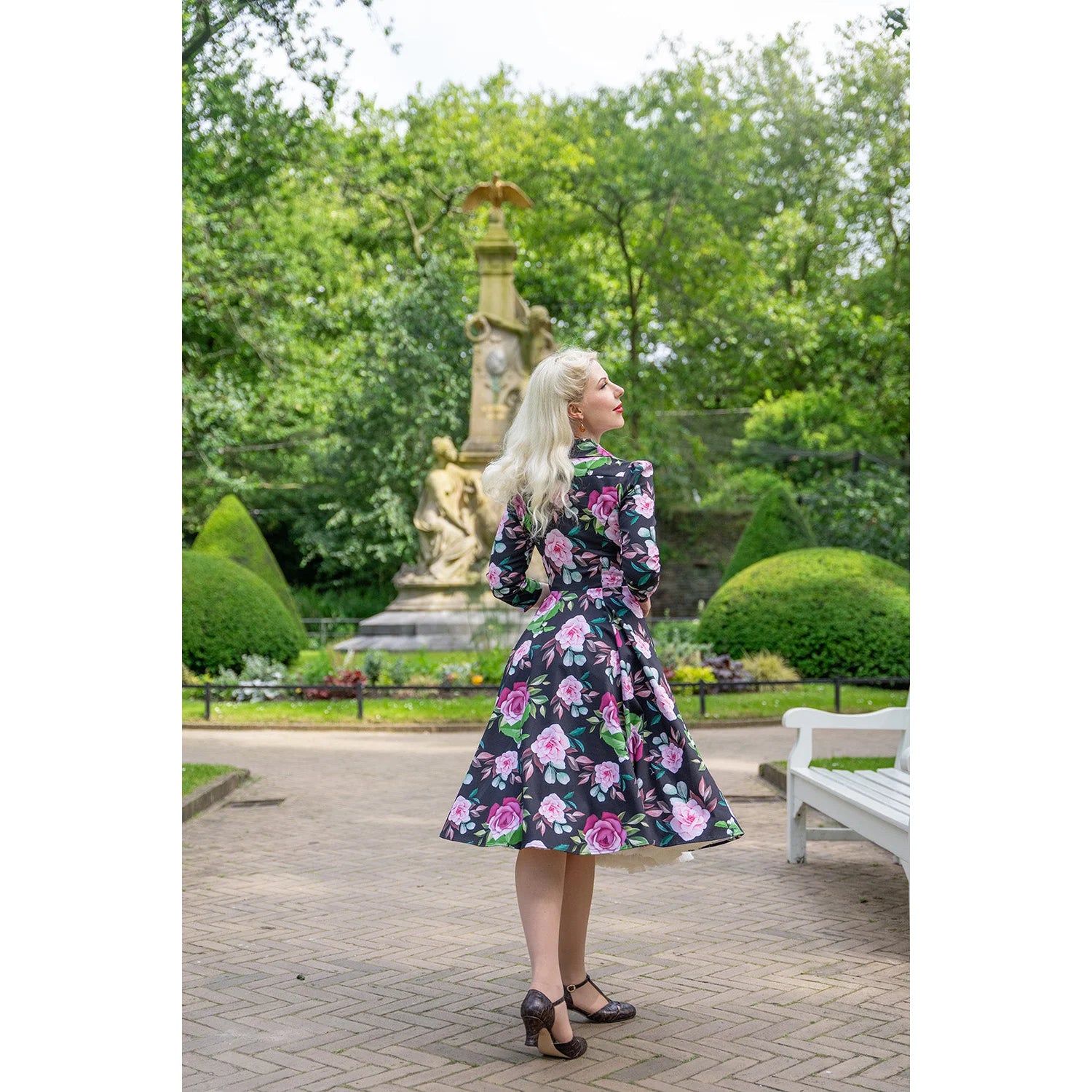 Winter Pink Black Floral Print 3/4 Sleeve 50s Swing Dress With Pockets