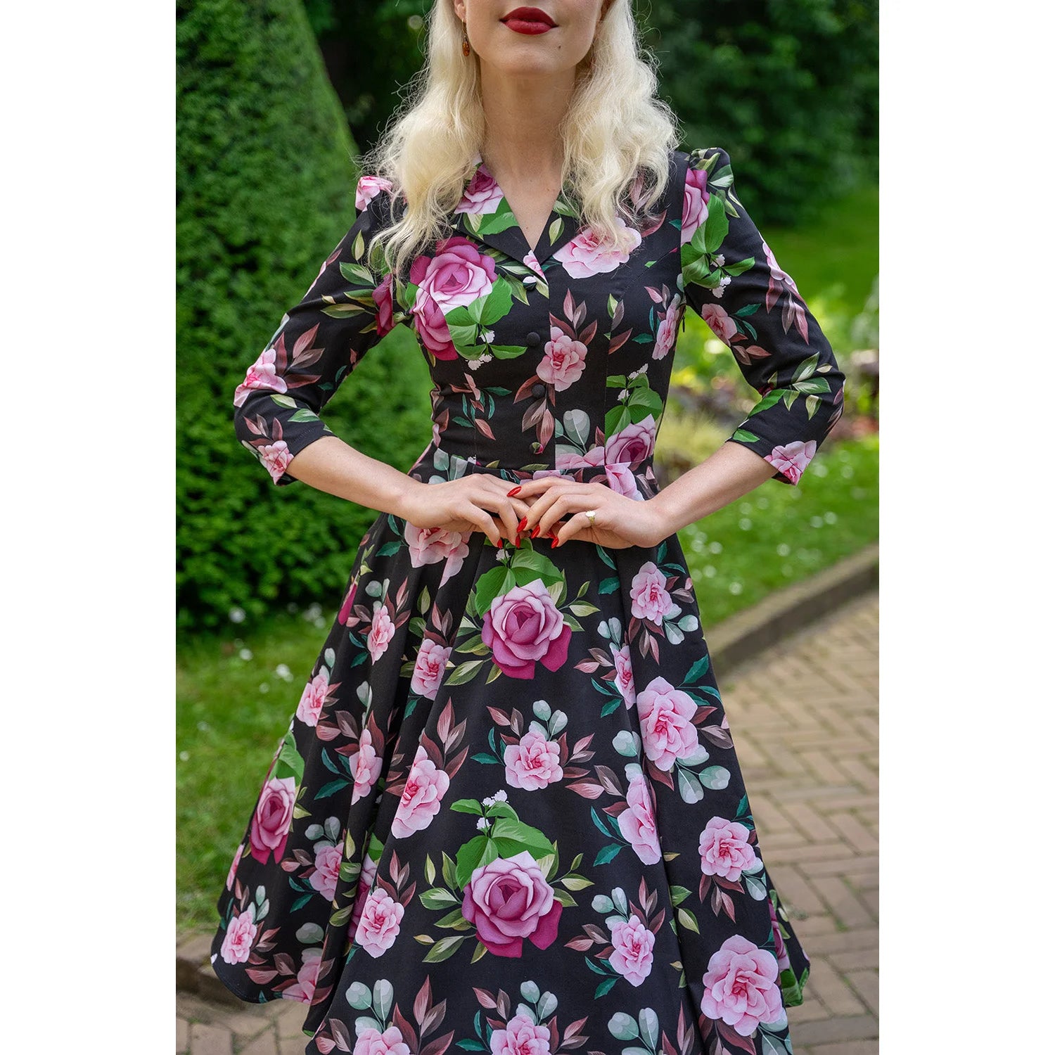 Winter Pink Black Floral Print 3/4 Sleeve Belted 50s Swing Dress With Pockets