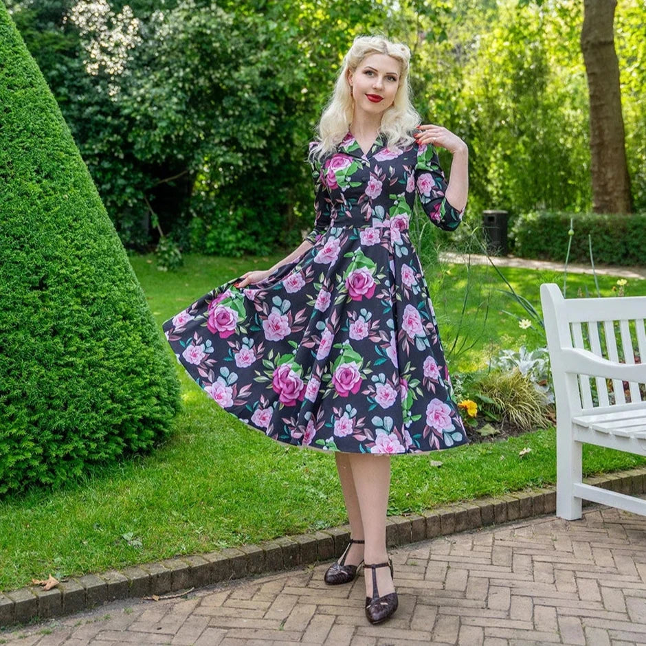 Winter Pink Black Floral Print 3/4 Sleeve 50s Swing Dress With Pockets