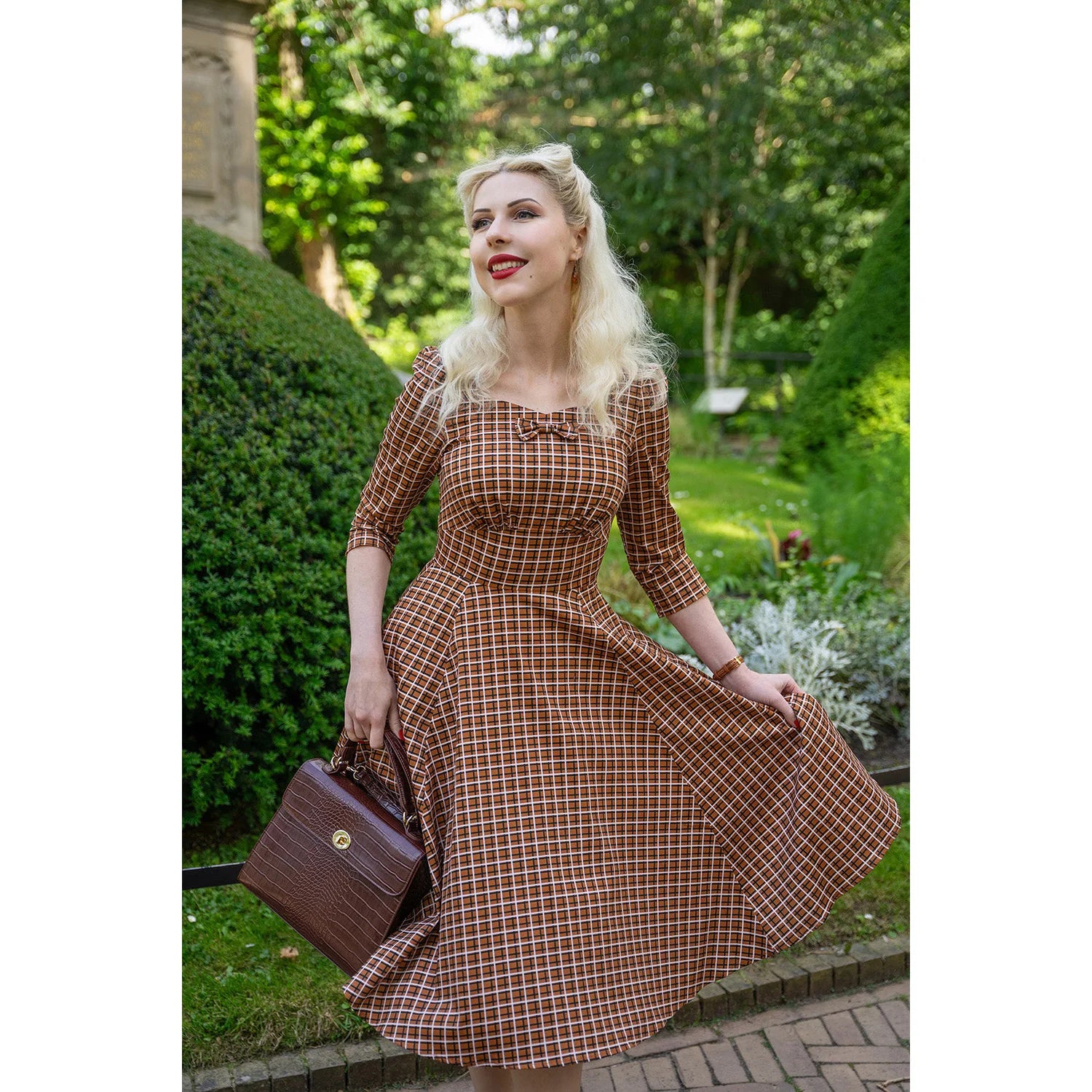 Vintage Autumnal Brown Check 3/4 Sleeve Collar Burns Swing Dress