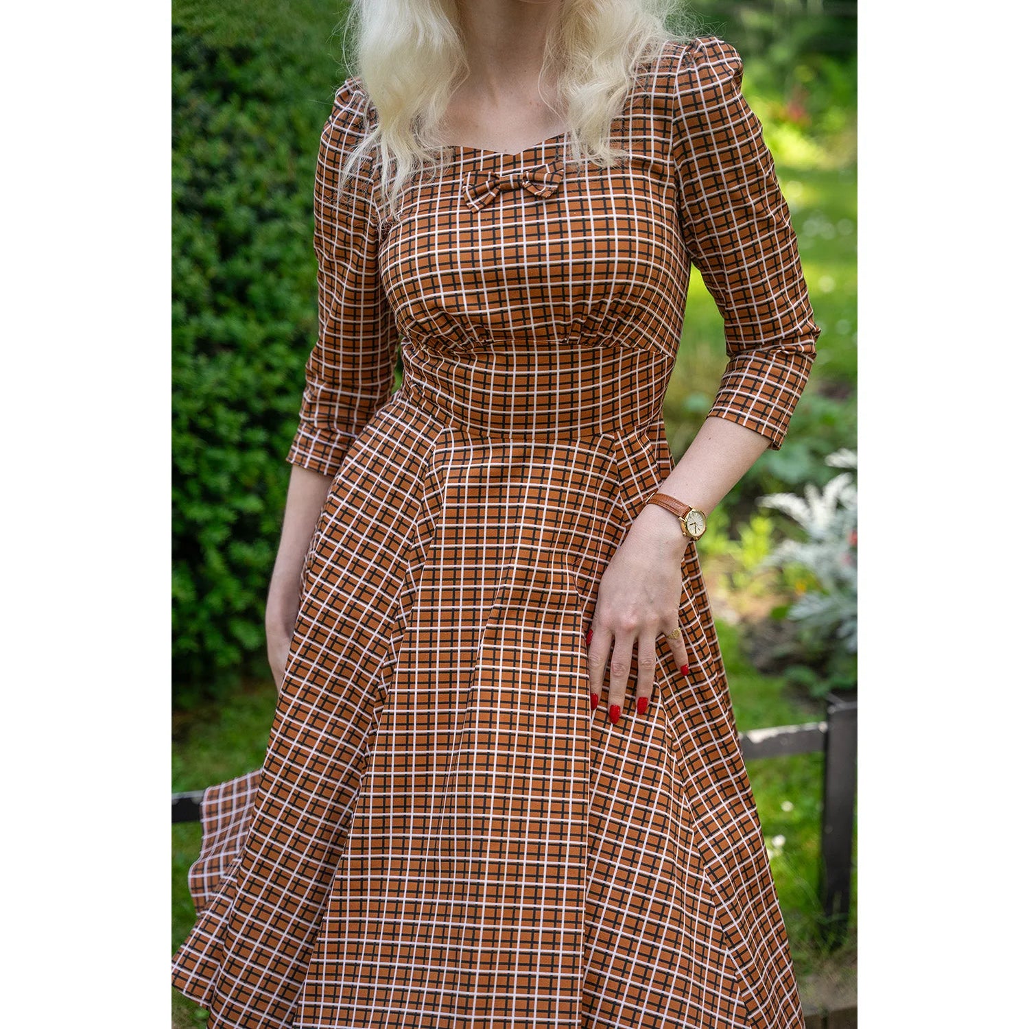 Vintage Autumnal Brown Check 3/4 Sleeve Collar Burns Swing Dress