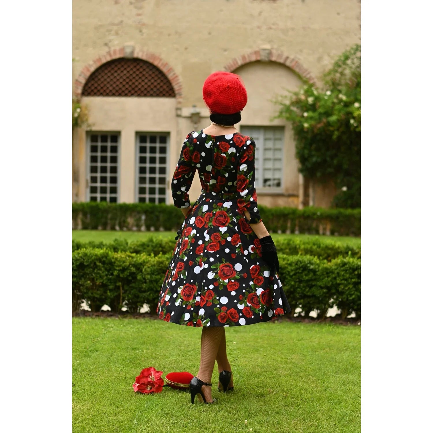 Black White Polka Dot Red Rose Floral Print 3/4 Sleeve 50s Swing Dress With Pockets