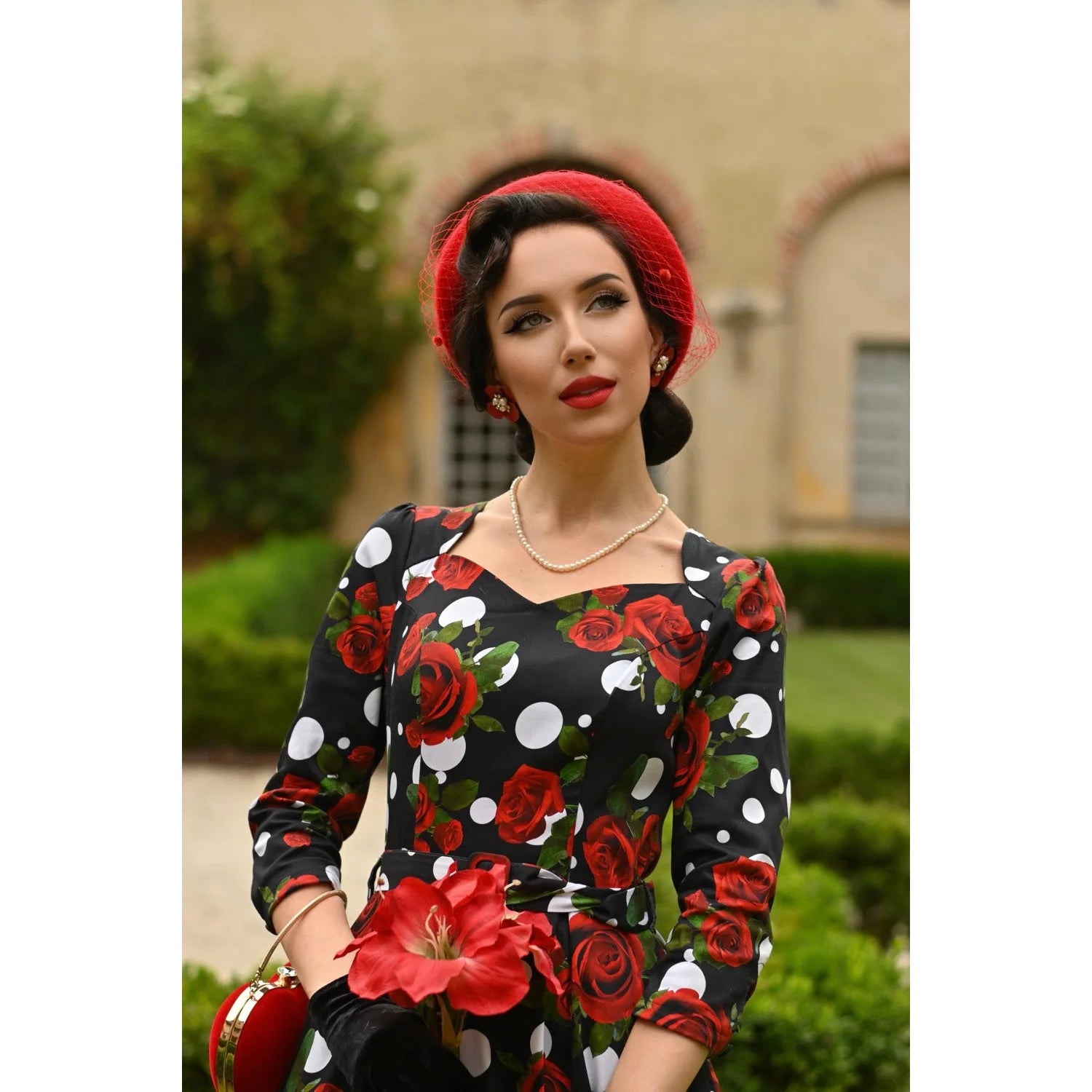 Black White Polka Dot Red Rose Floral Print 3/4 Sleeve 50s Swing Dress With Pockets