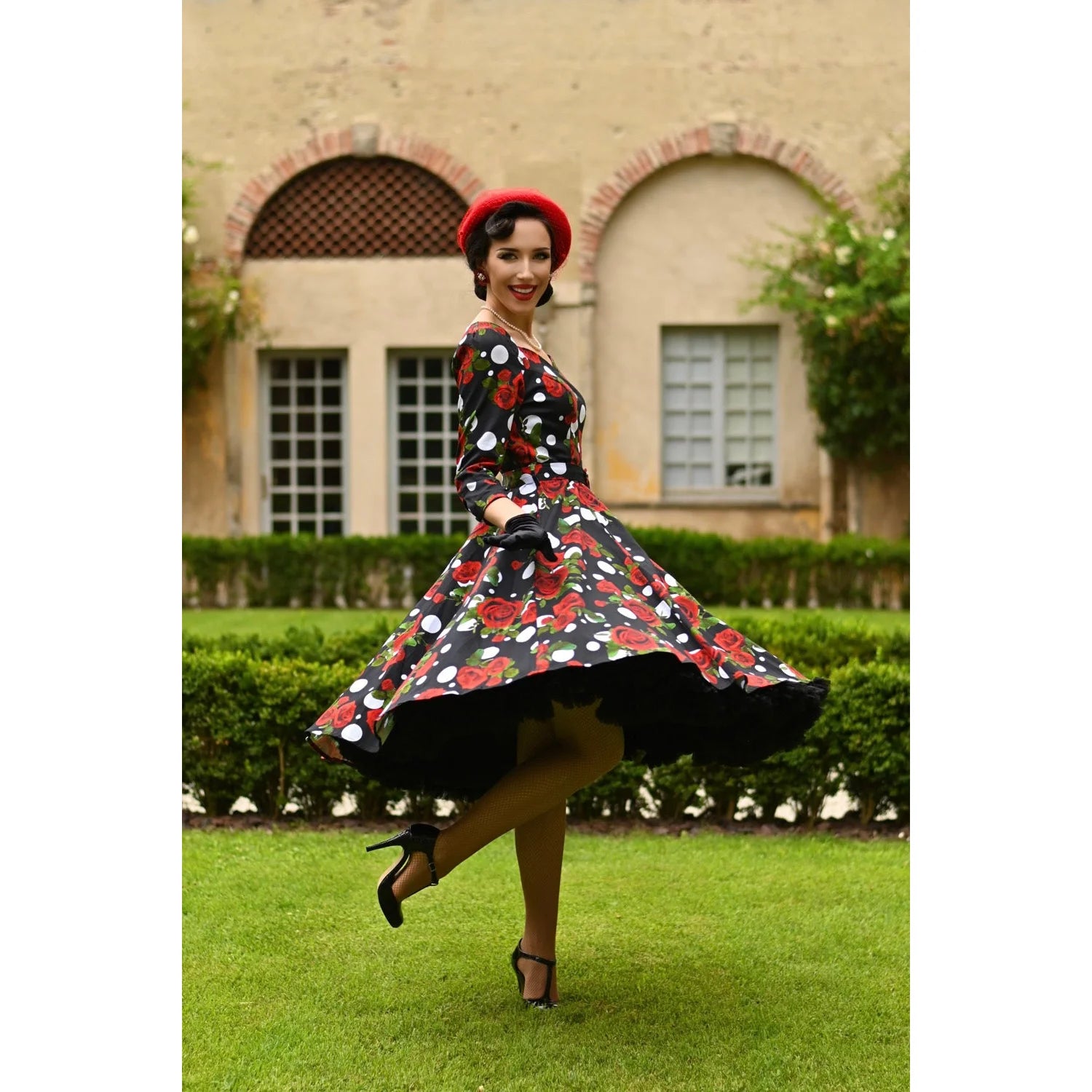 Black White Polka Dot Red Rose Floral Print 3/4 Sleeve 50s Swing Dress With Pockets