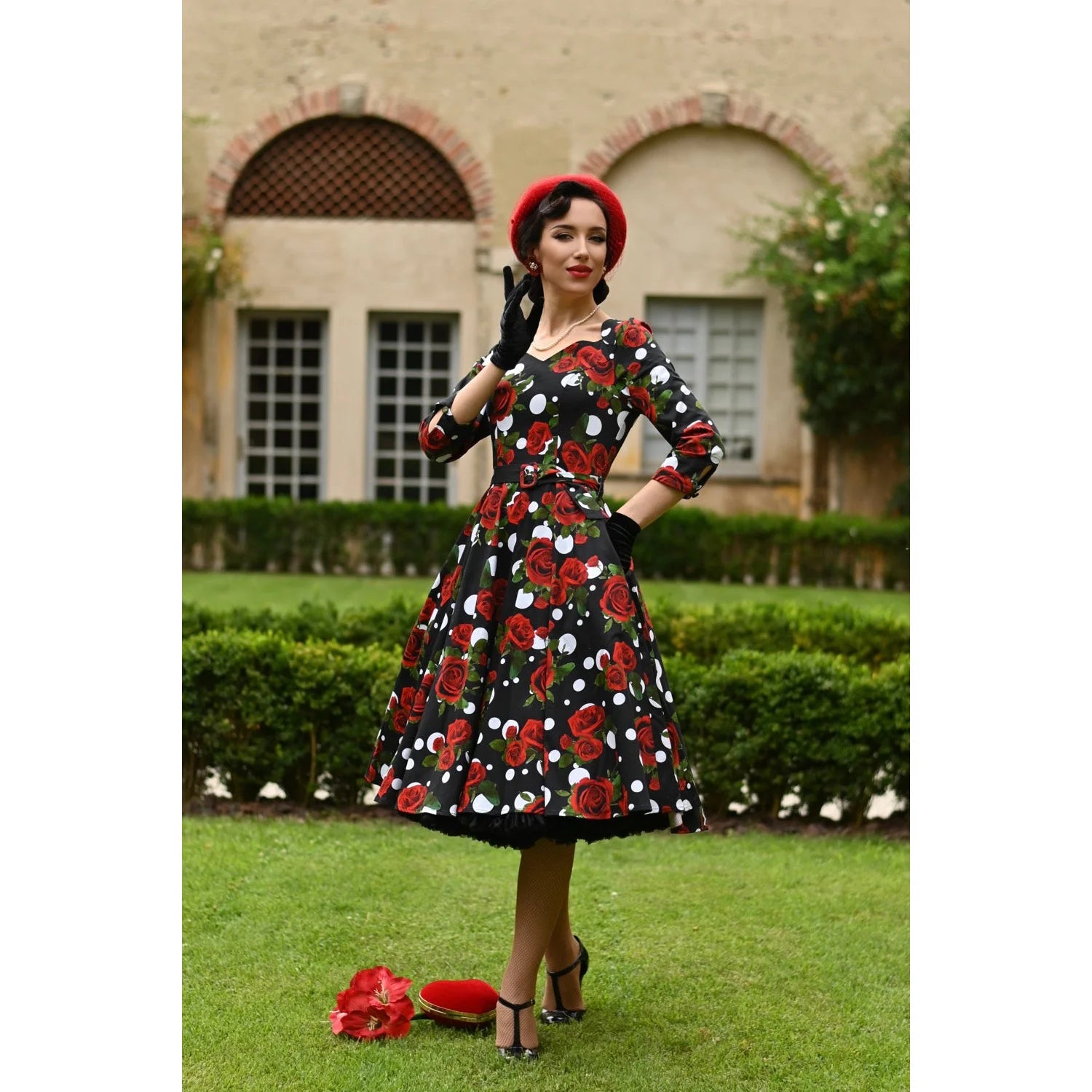 Black White Polka Dot Red Rose Floral Print 3 4 Sleeve 50s Swing Dress With Pockets