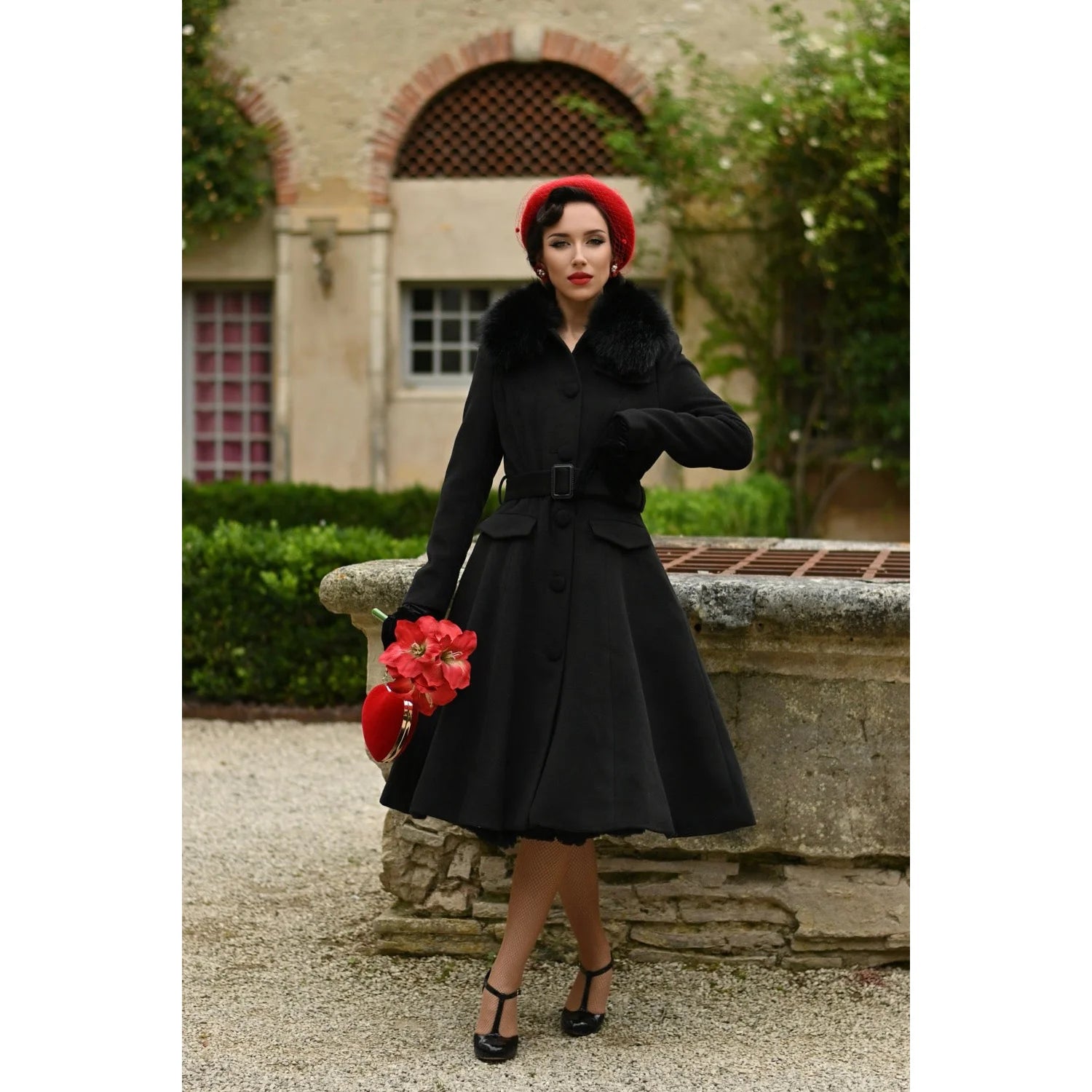 Black Faux Fur Collar Vintage Swing Coat