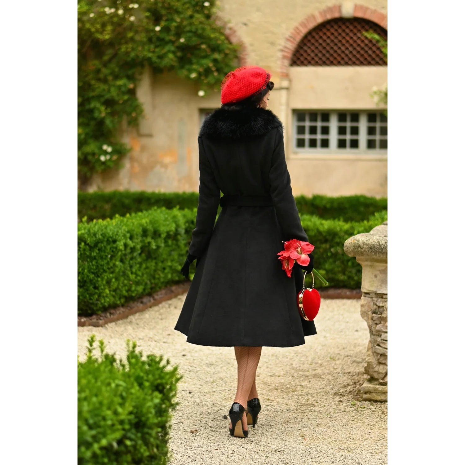 Black Faux Fur Collar Vintage Swing Coat