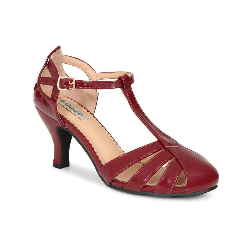 Burgundy 1950's Inspired Strappy Closed Toe T-Bar Heel Shoes