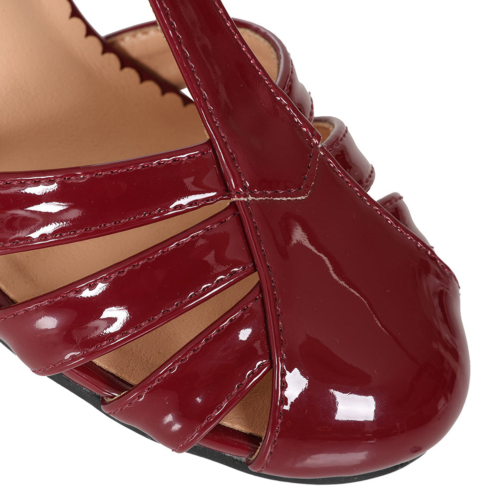 Burgundy 1950's Inspired Strappy Closed Toe T-Bar Heel Shoes