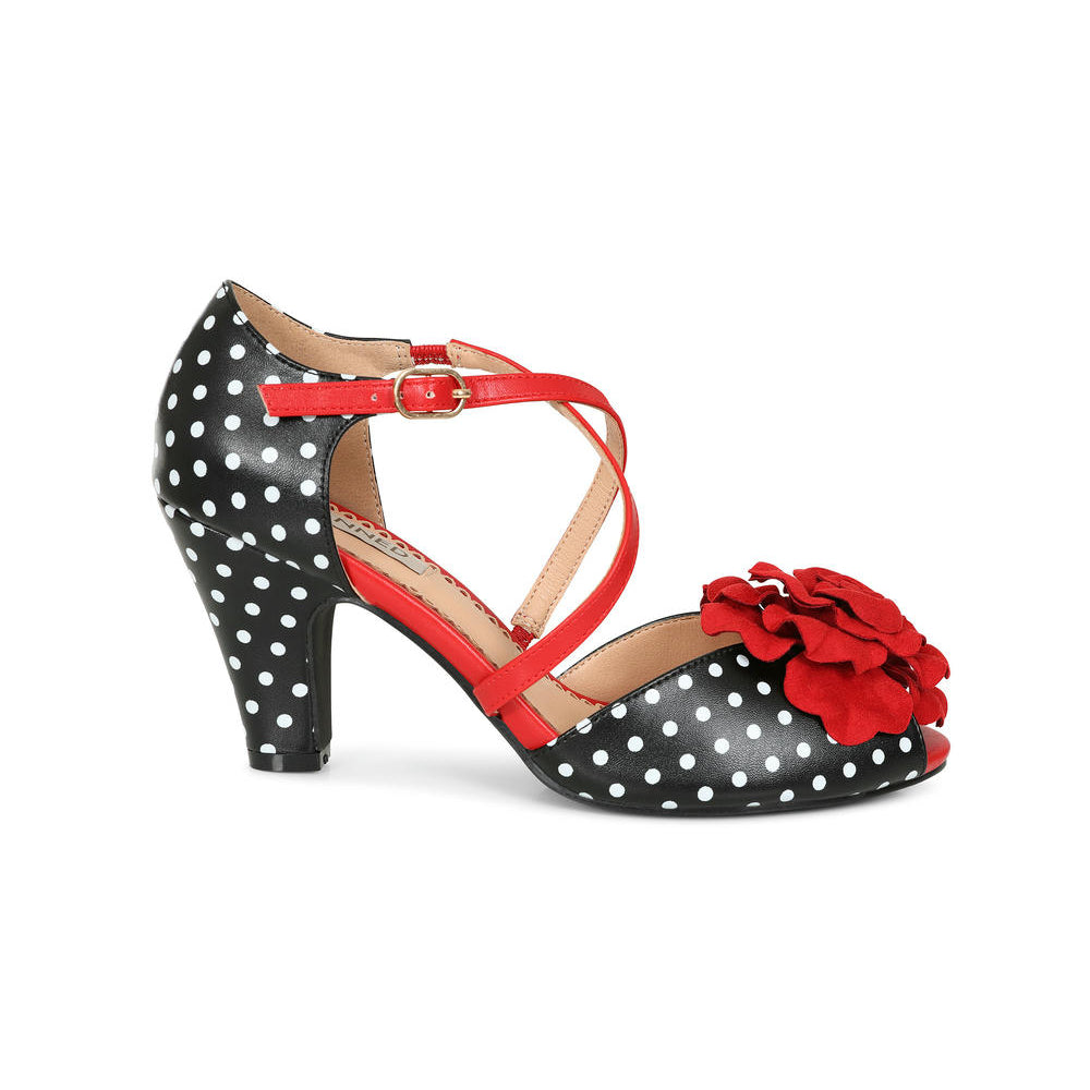 Black Polka Dot Red Rose Pin Up Peep Toe High Heel Shoes