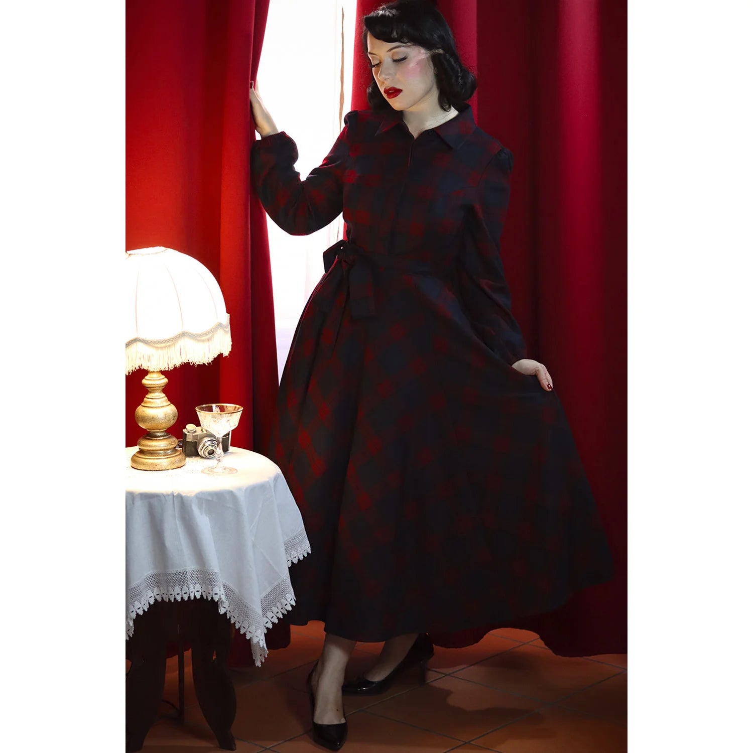 Vintage Red Blue Check Long Sleeve Collar Burns Swing Dress