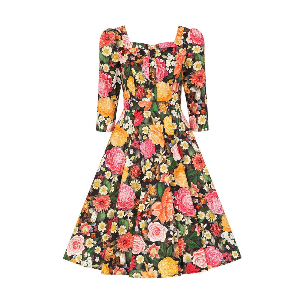 Multi Floral Print 3/4 Sleeve V Neckline 50s Swing Dress With Pockets