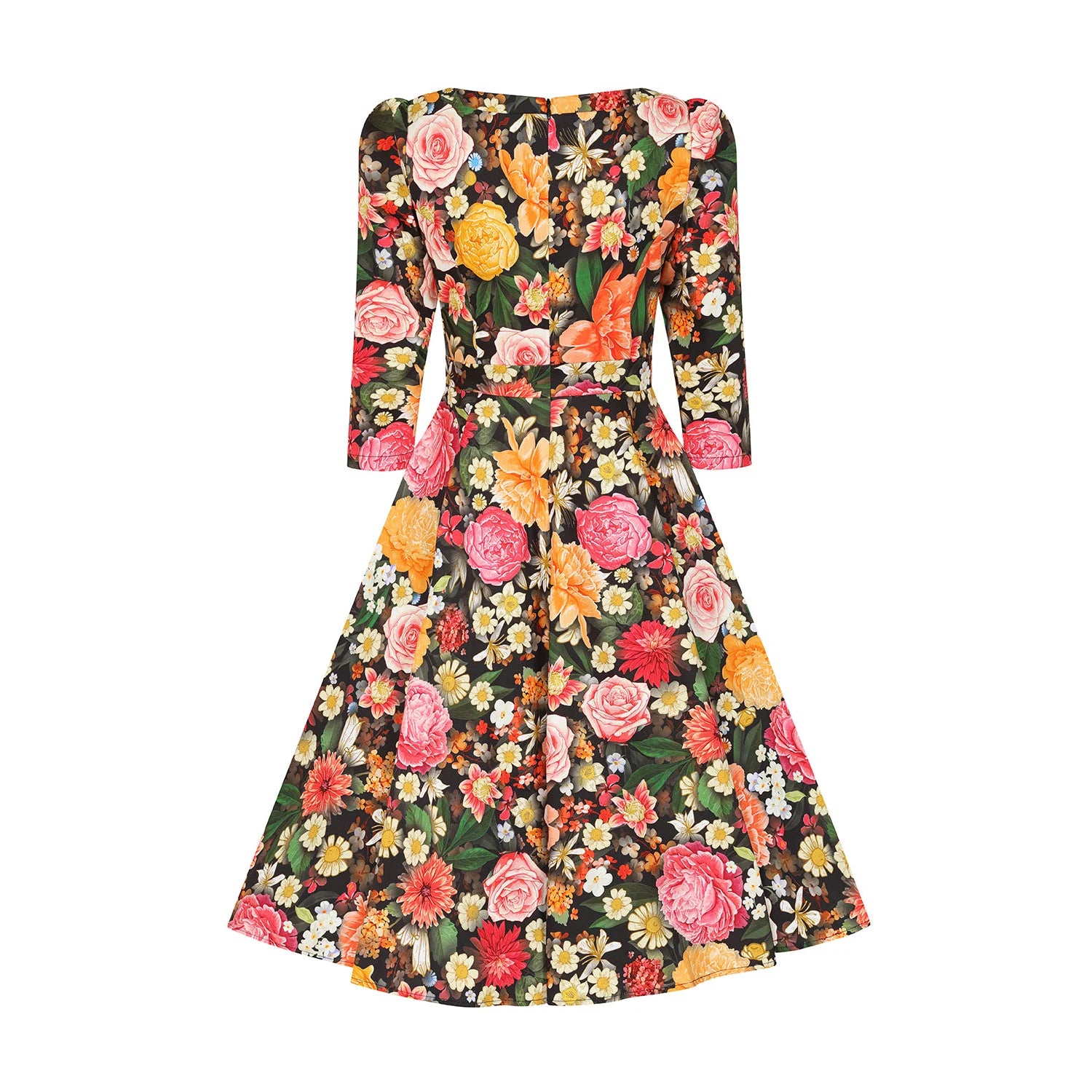 Multi Floral Print 3/4 Sleeve V Neckline 50s Swing Dress With Pockets