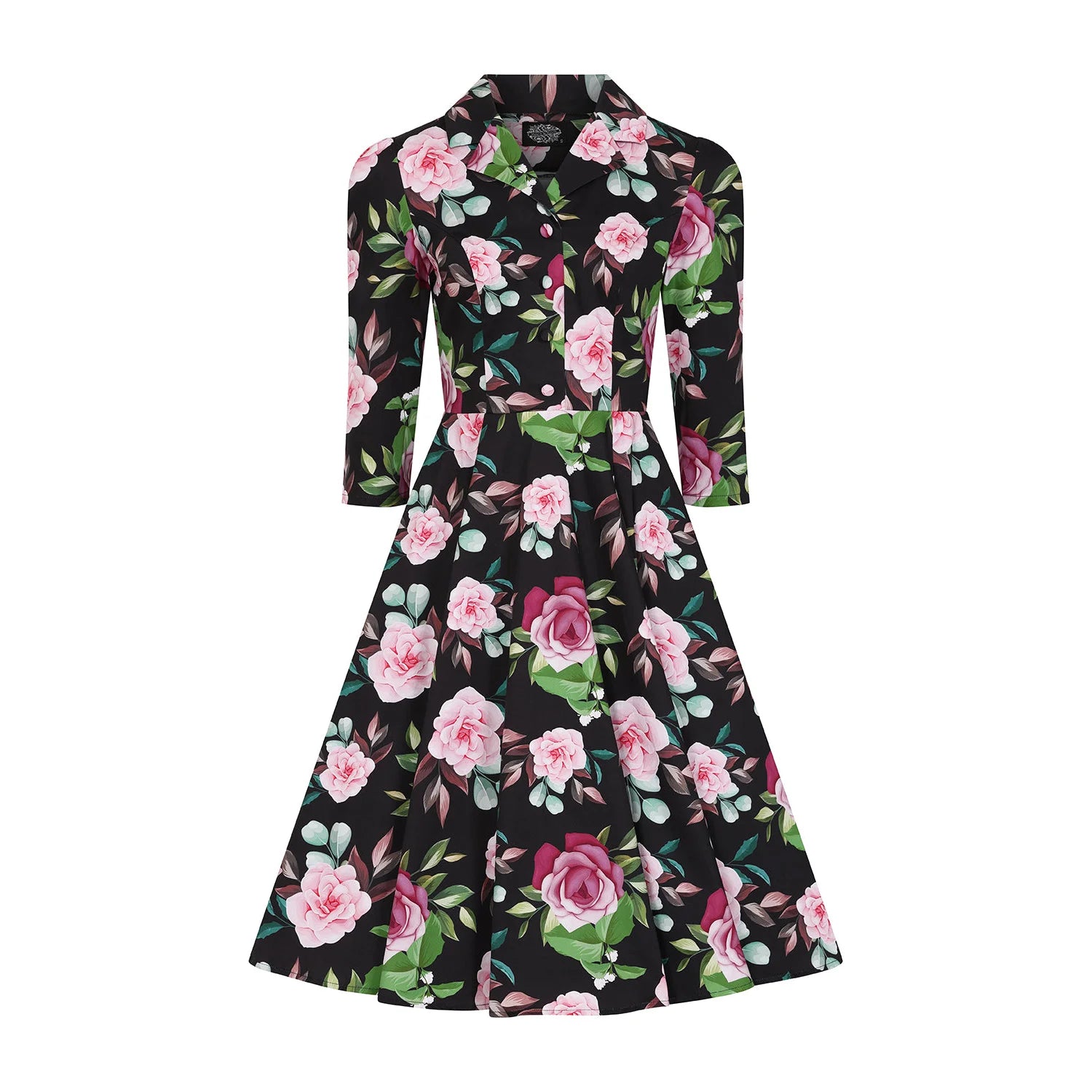 Winter Pink Black Floral Print 3/4 Sleeve 50s Swing Dress With Pockets