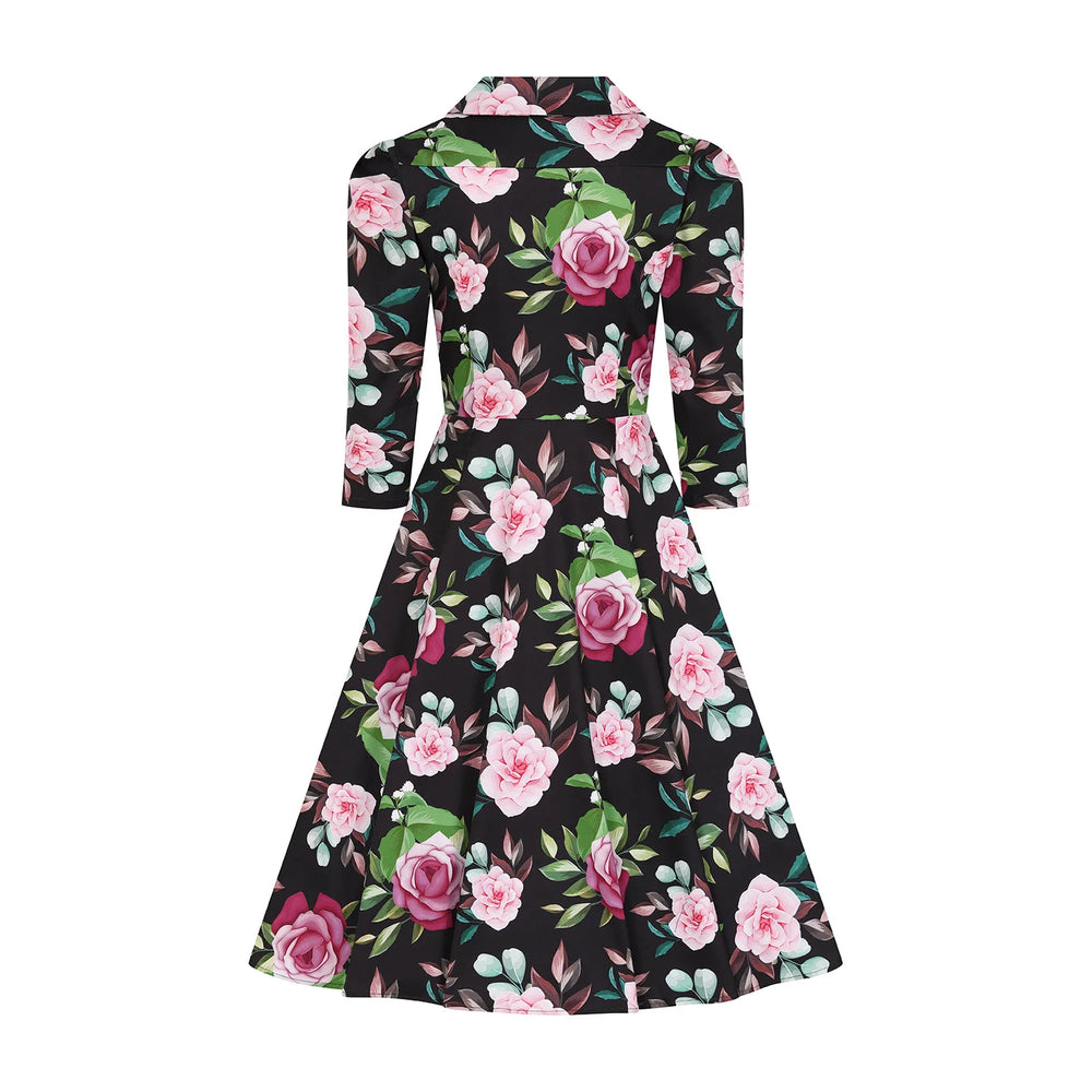 Winter Pink Black Floral Print 3/4 Sleeve Belted 50s Swing Dress With Pockets