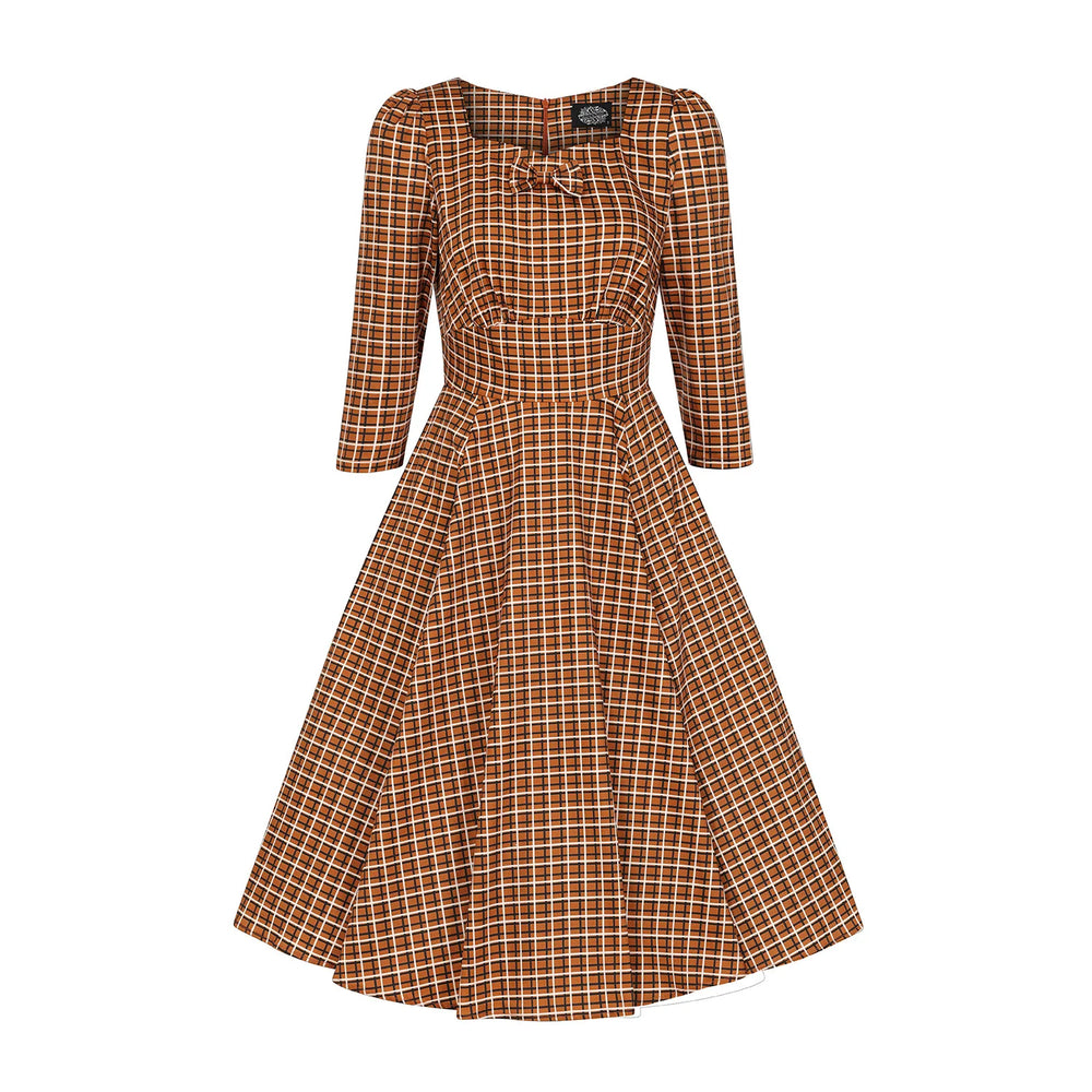 Vintage Autumnal Brown Check 3/4 Sleeve Collar Burns Swing Dress